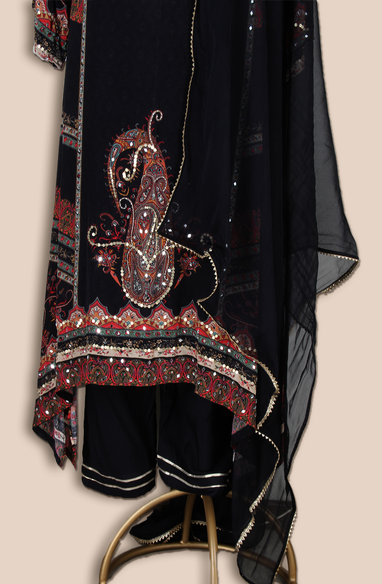 Black Crepe Designer Stitched Salwar Kameez with Chiffon Dupatta - R107-3213
