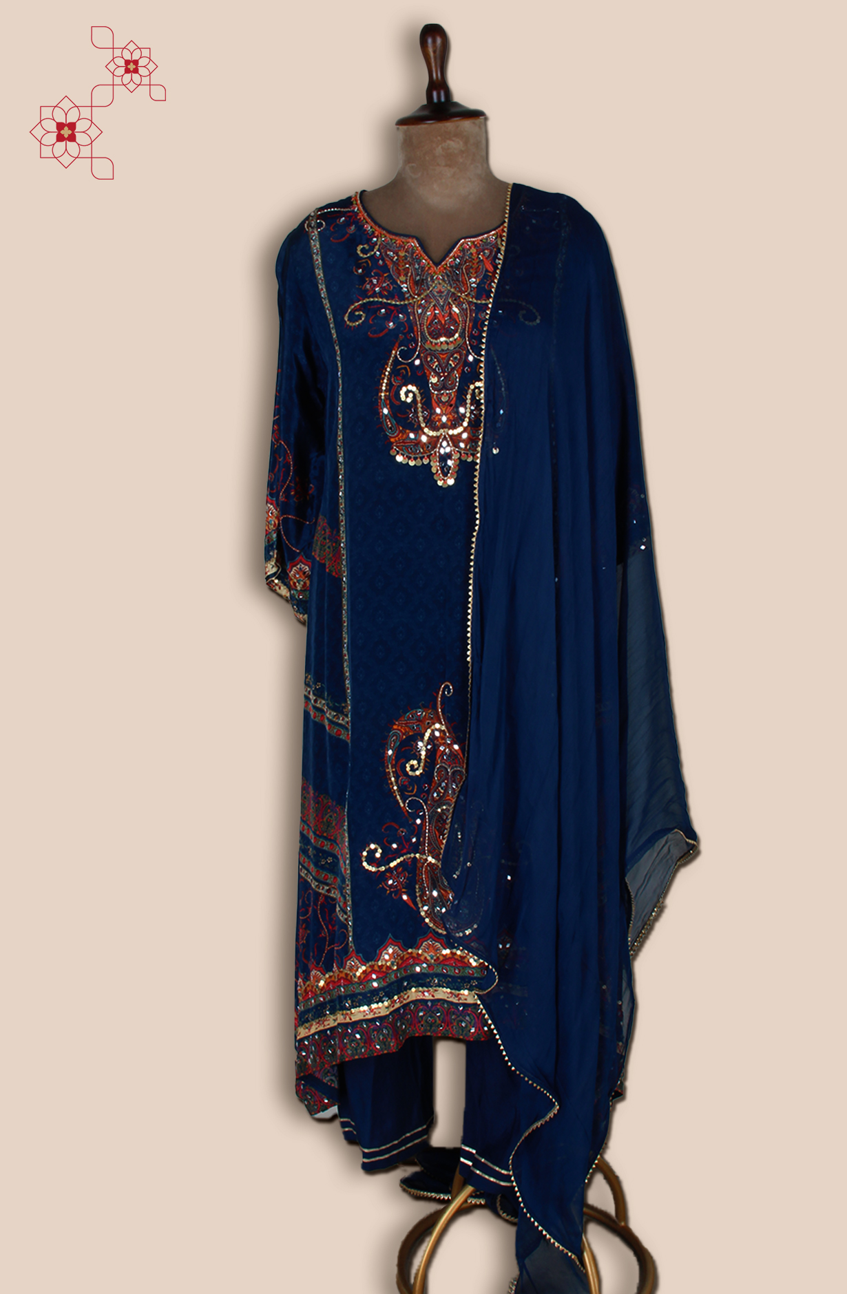 Teal Crepe Designer Stitched Salwar Kameez with Chiffon Dupatta - R107-3213A