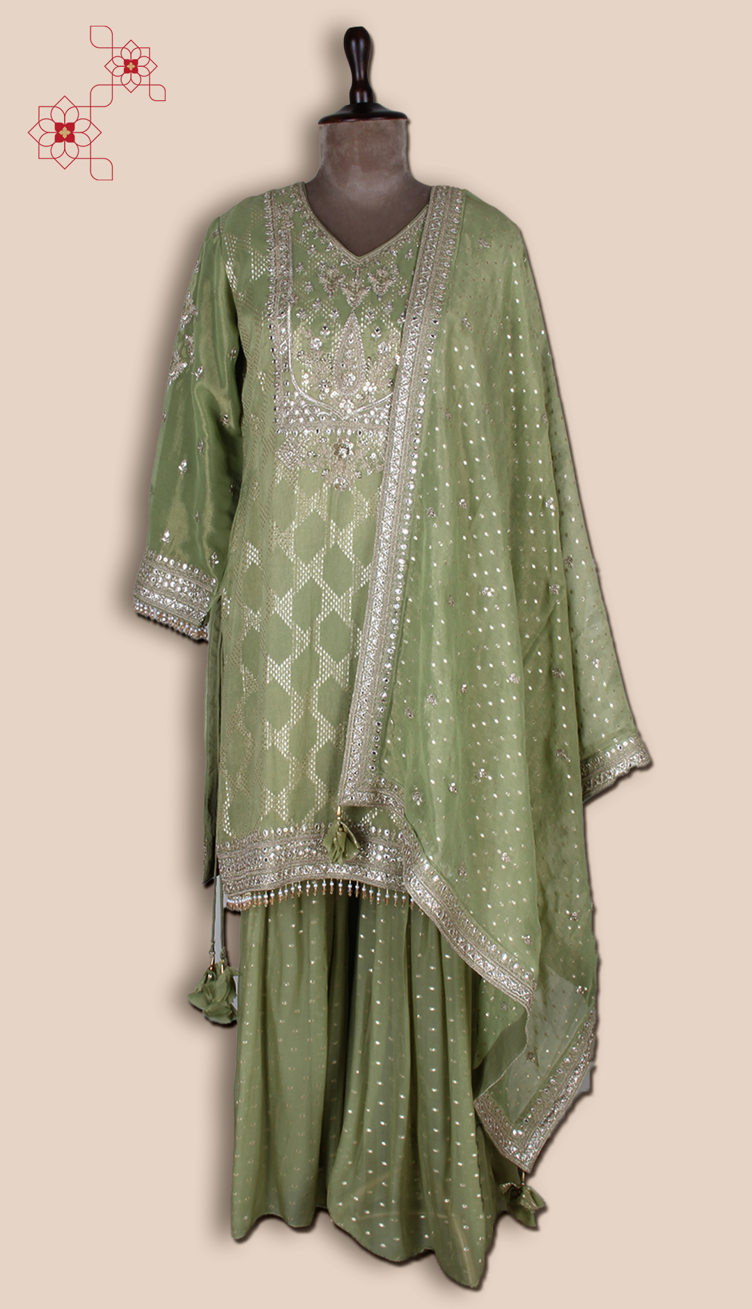Green Designer Tissue Silk Woven Jacquard Sharara Suit - R107-4750A