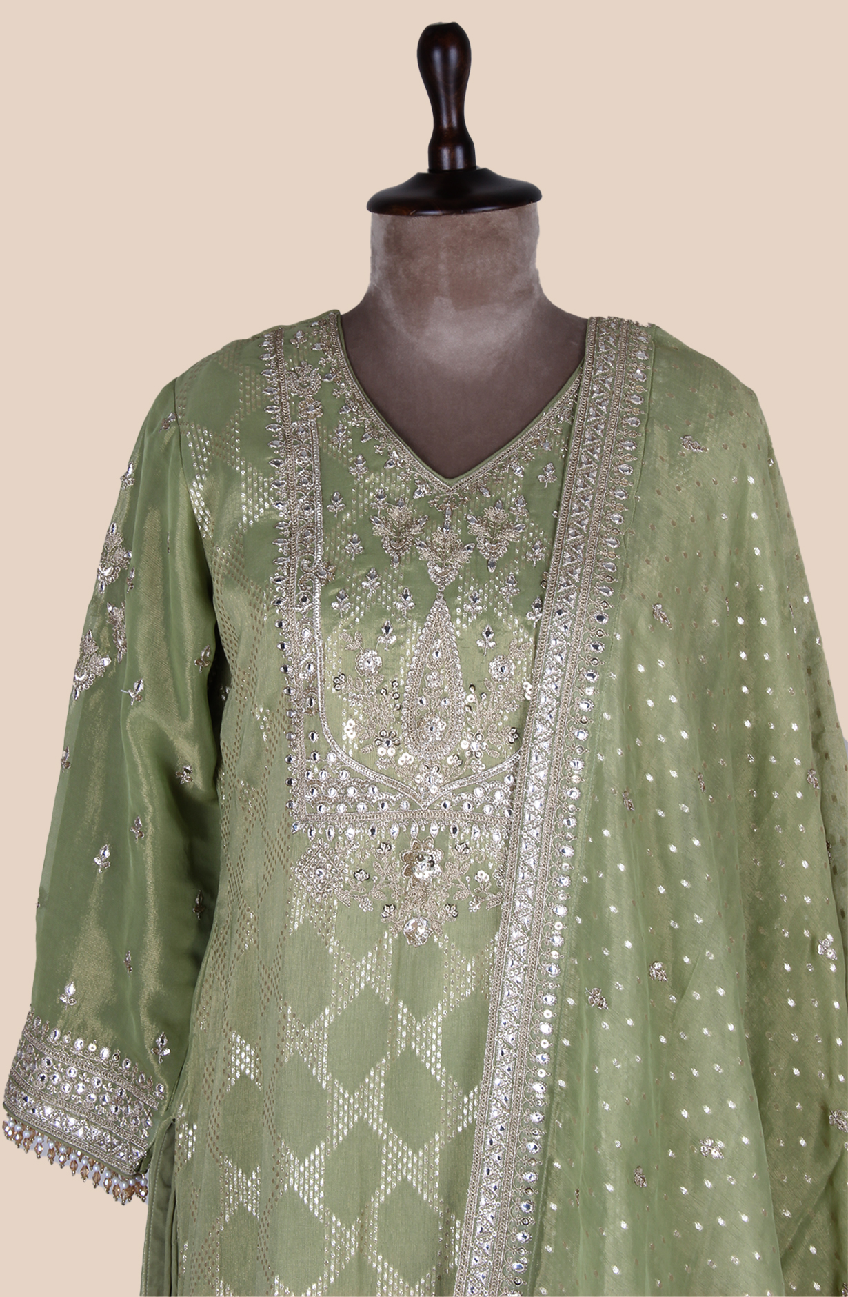 Green Designer Tissue Silk Woven Jacquard Sharara Suit - R107-4750A