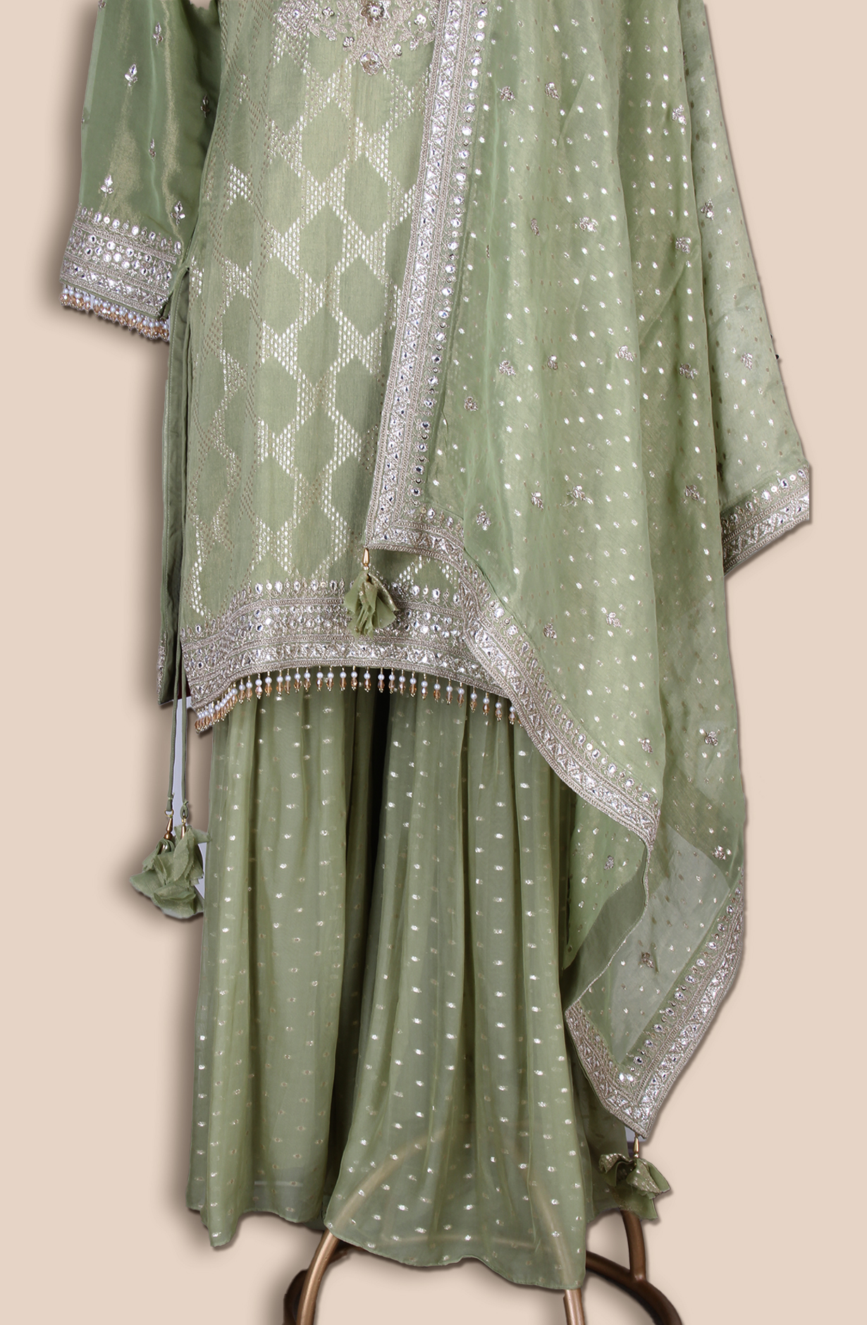 Green Designer Tissue Silk Woven Jacquard Sharara Suit - R107-4750A
