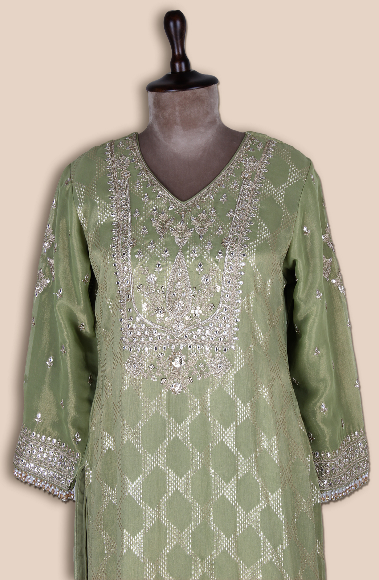 Green Designer Tissue Silk Woven Jacquard Sharara Suit - R107-4750A