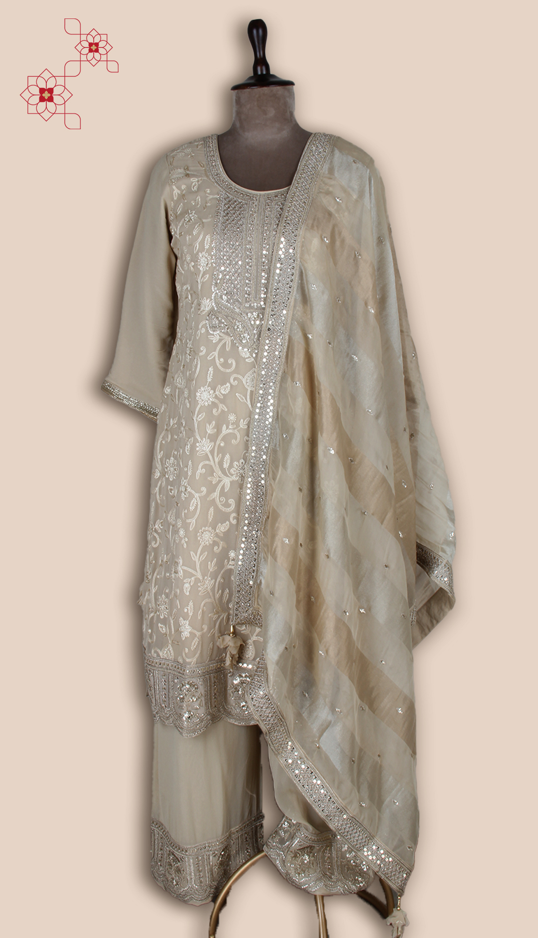 Beige Partywear Embroidered Georgette Palazzo Suit with Organza Dupatta - R107-4776