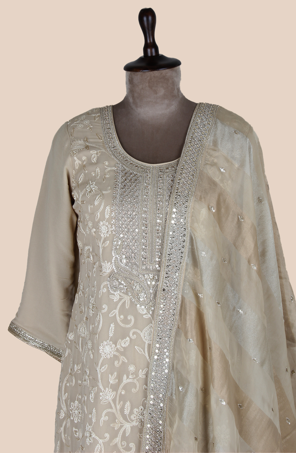 Beige Partywear Embroidered Georgette Palazzo Suit with Organza Dupatta - R107-4776