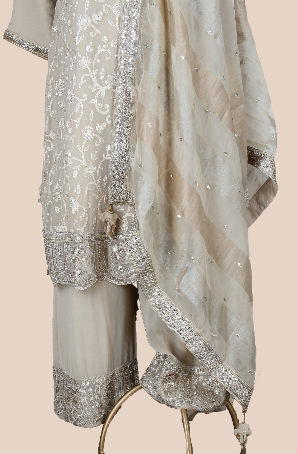Beige Partywear Embroidered Georgette Palazzo Suit with Organza Dupatta - R107-4776