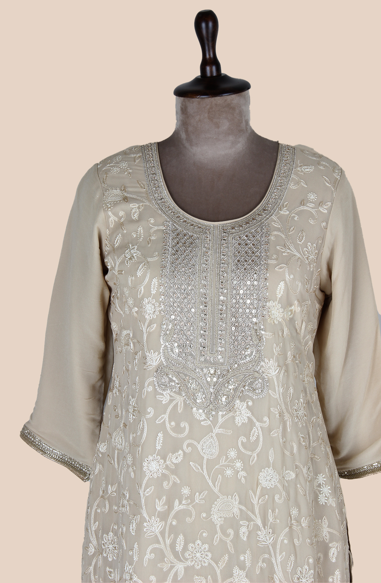Beige Partywear Embroidered Georgette Palazzo Suit with Organza Dupatta - R107-4776