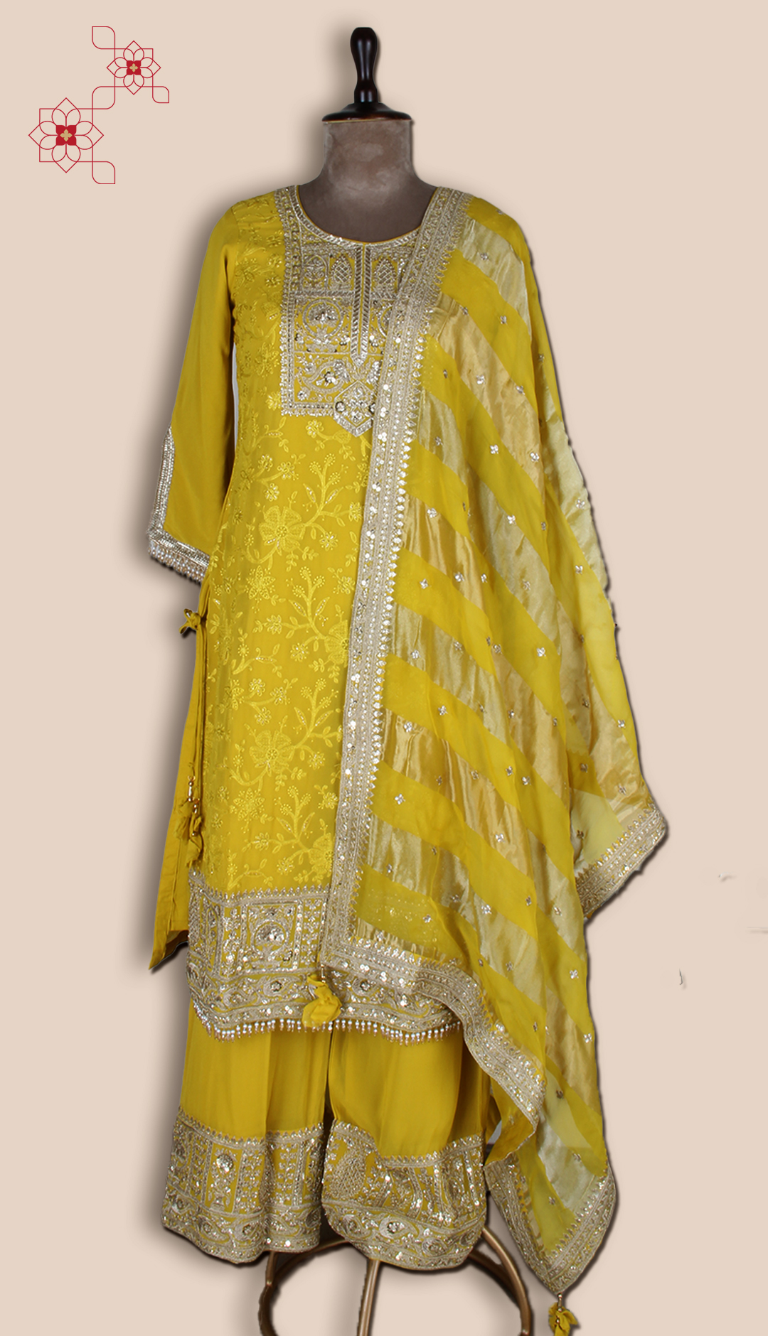 Yellow Partywear Embroidered Georgette Palazzo Suit with Organza Dupatta - R107-4777