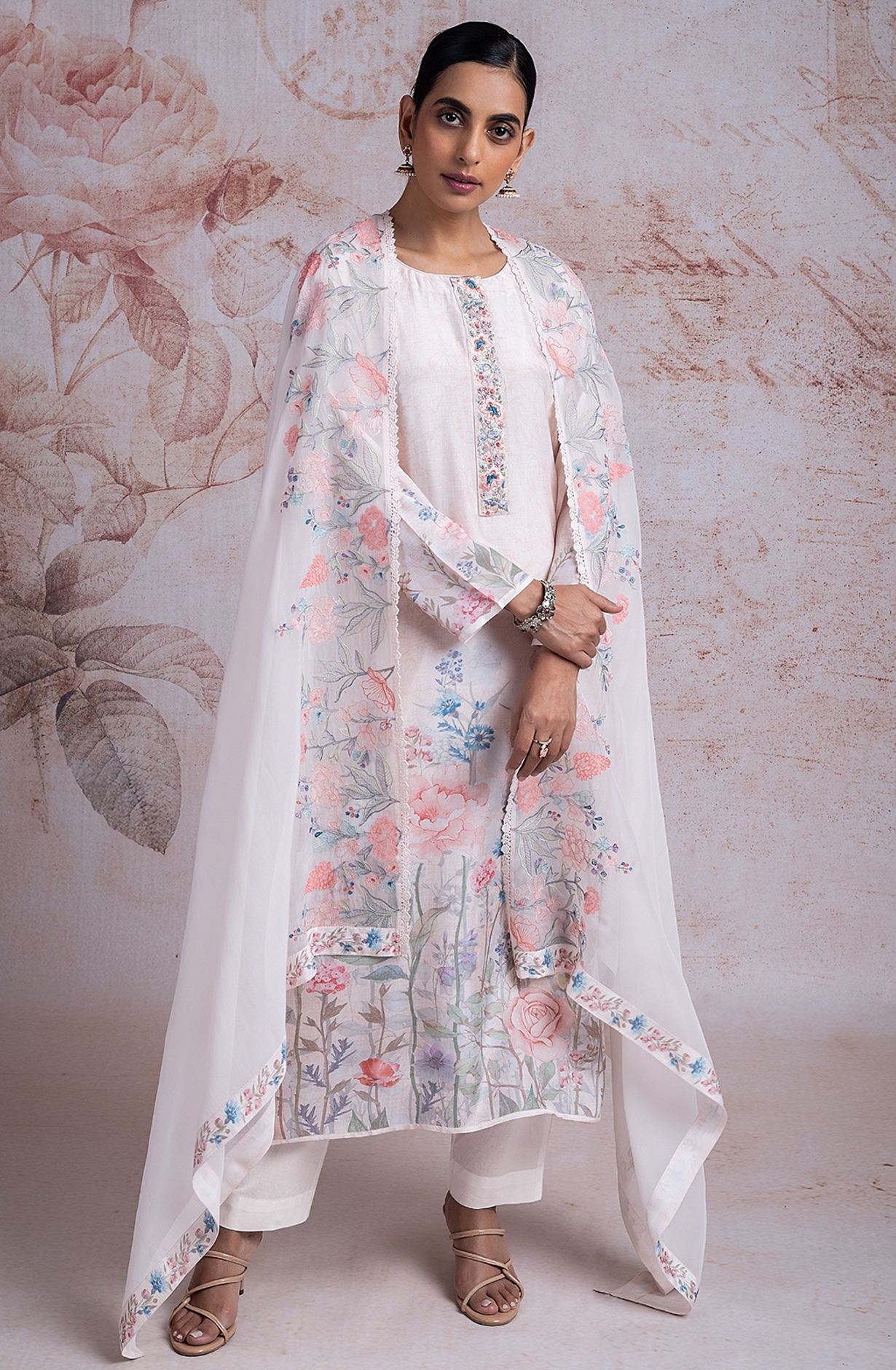 White Muslin Printed Suit with Organza Dupatta - R157-2SPR244
