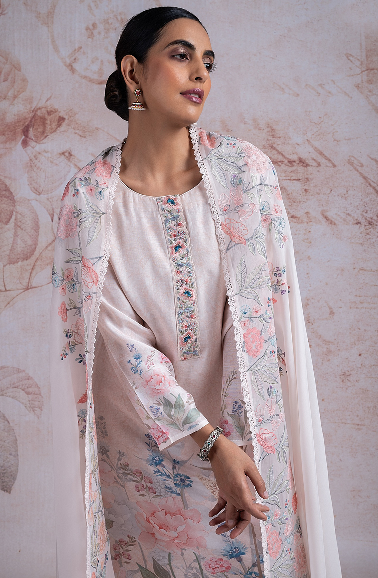 White Muslin Printed Suit with Organza Dupatta - R157-2SPR244
