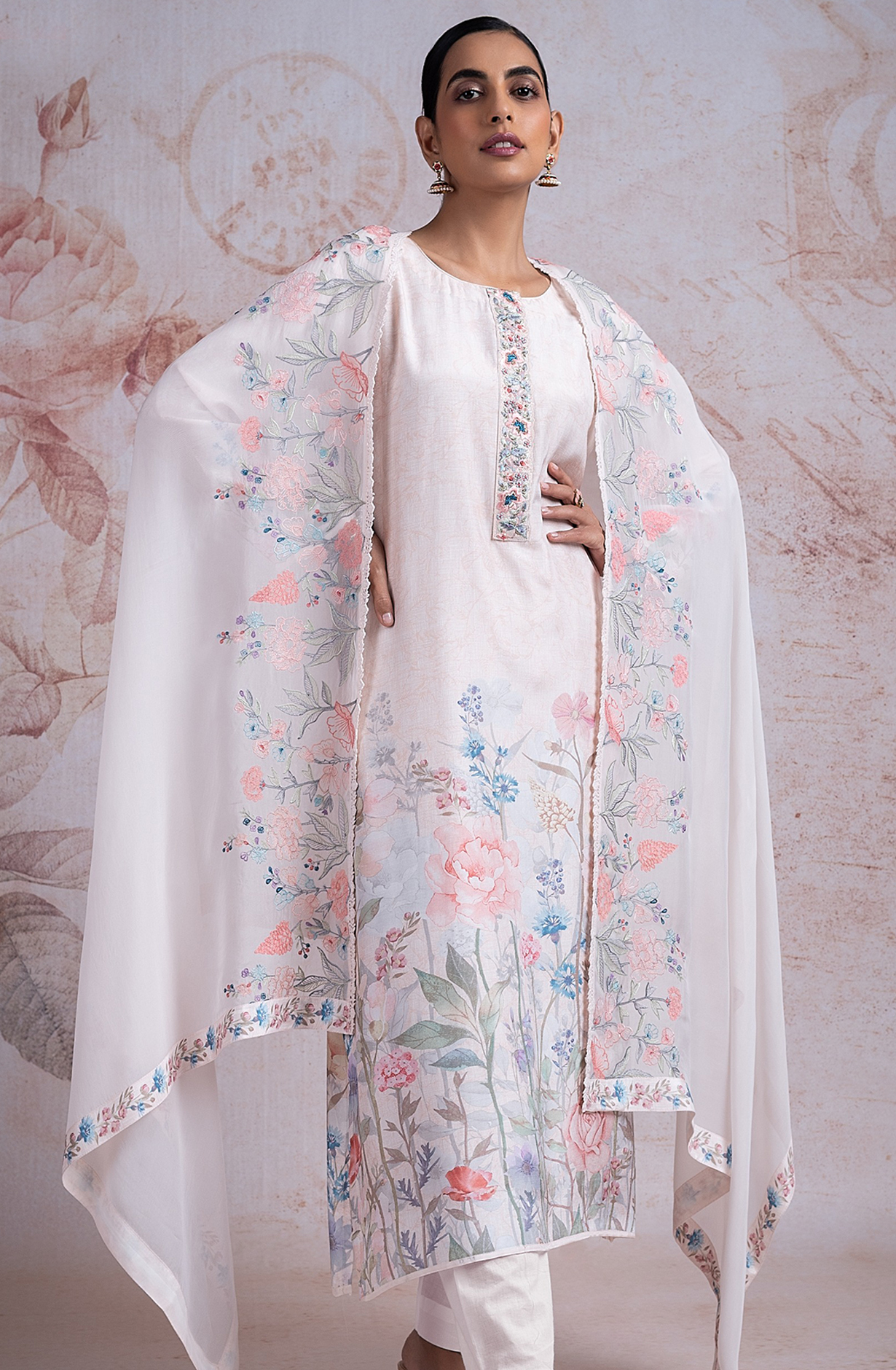 White Muslin Printed Suit with Organza Dupatta - R157-2SPR244