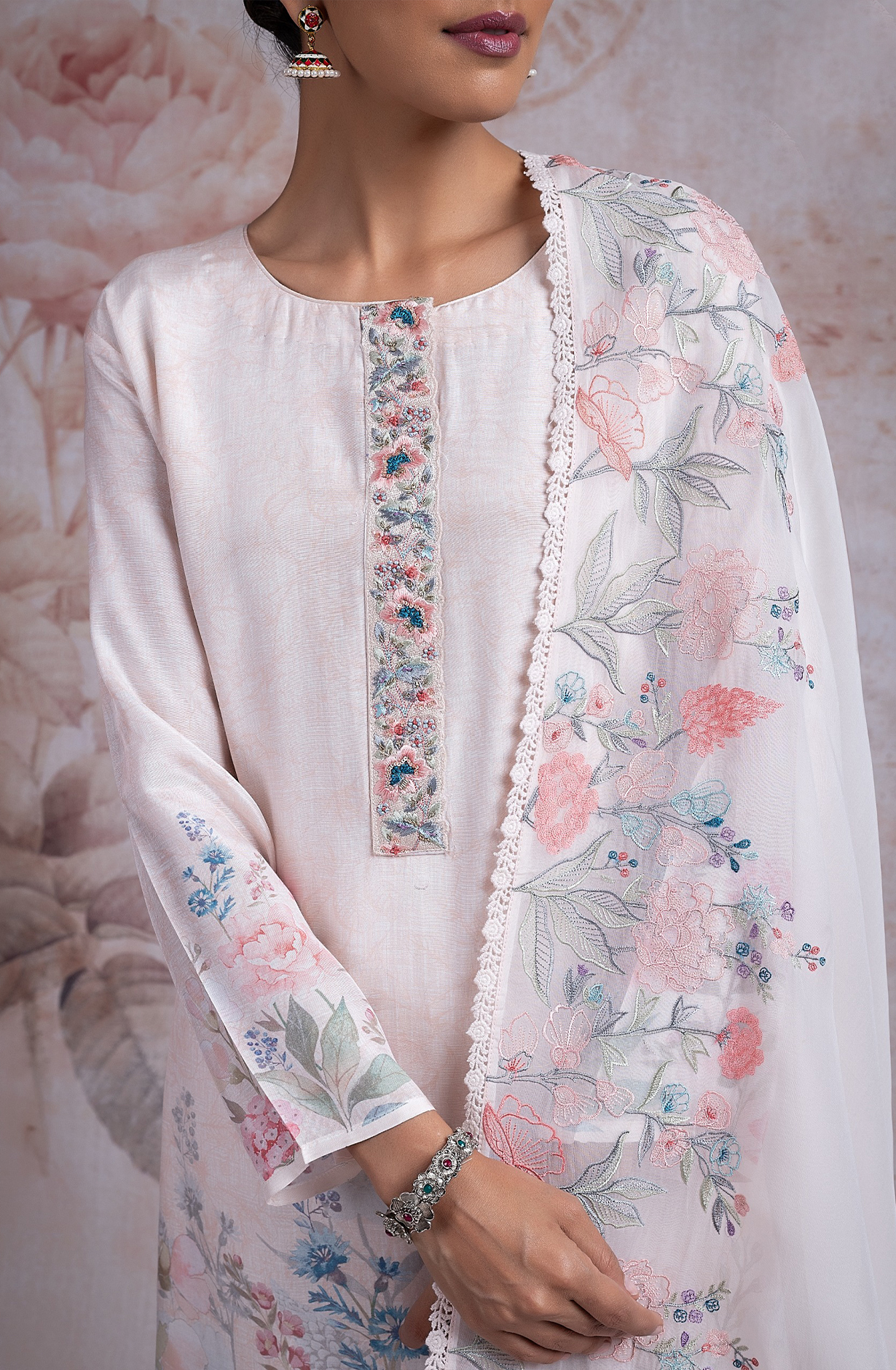 White Muslin Printed Suit with Organza Dupatta - R157-2SPR244