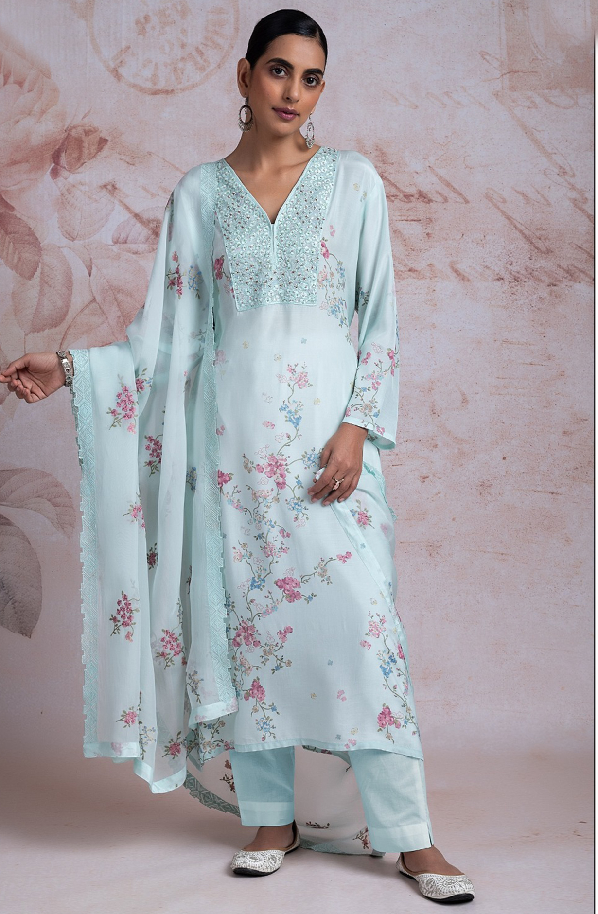 Firozi Linen Printed Suit Set with Beautiful Dupatta - R157-RAZ2194