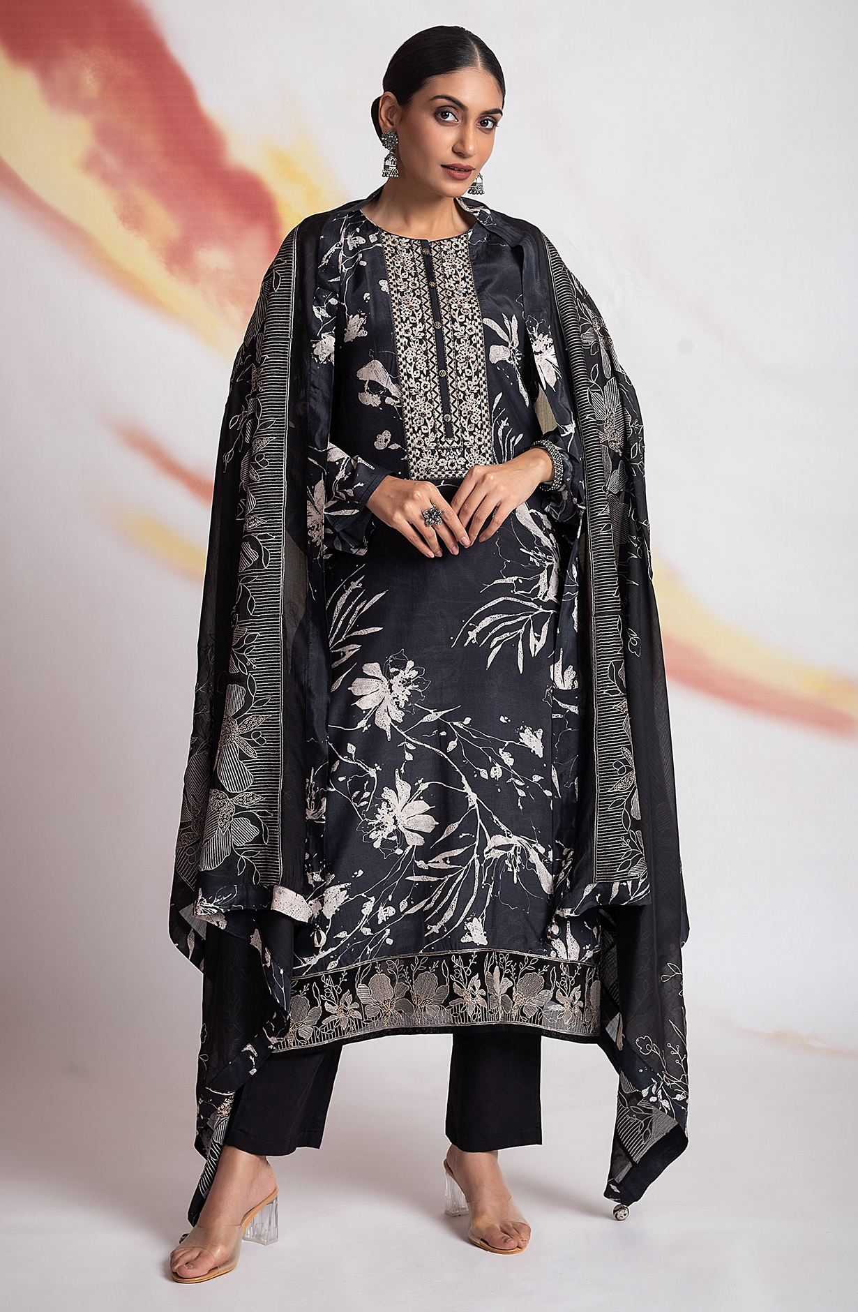 Black Beautiful Muslin Digital Printed Salwar Kameez with Embroidery Work - R157-SPR1966A