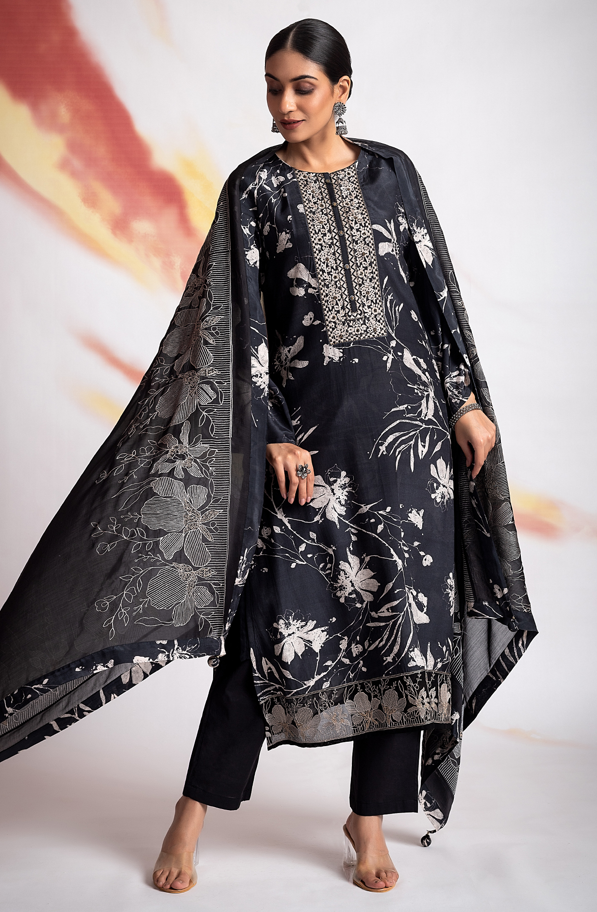 Black Beautiful Muslin Digital Printed Salwar Kameez with Embroidery Work - R157-SPR1966A