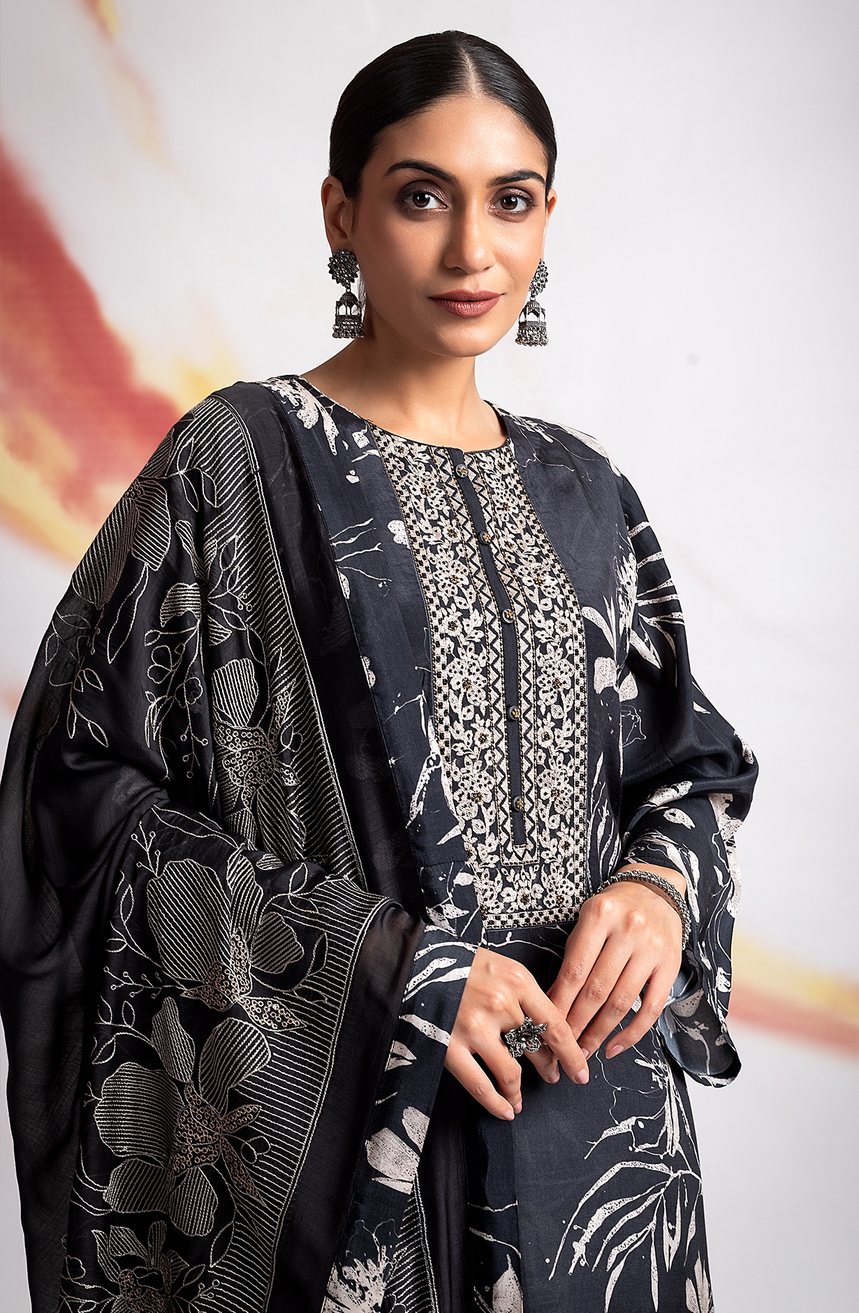 Black Beautiful Muslin Digital Printed Salwar Kameez with Embroidery Work - R157-SPR1966A