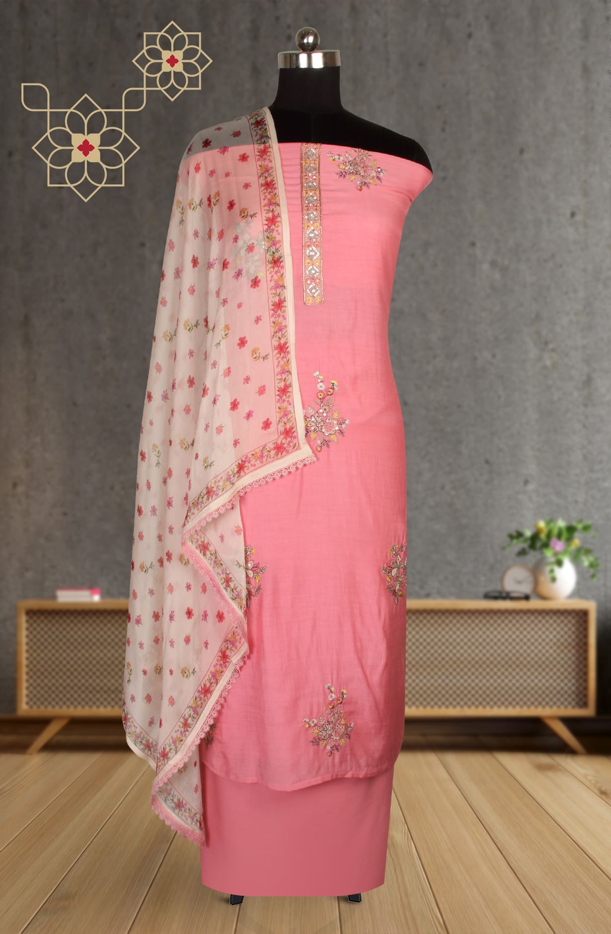 Pink Muslin Silk Exclusive Unstitched Salwar Suit with Chiffon Dupatta - R157-SPR1240