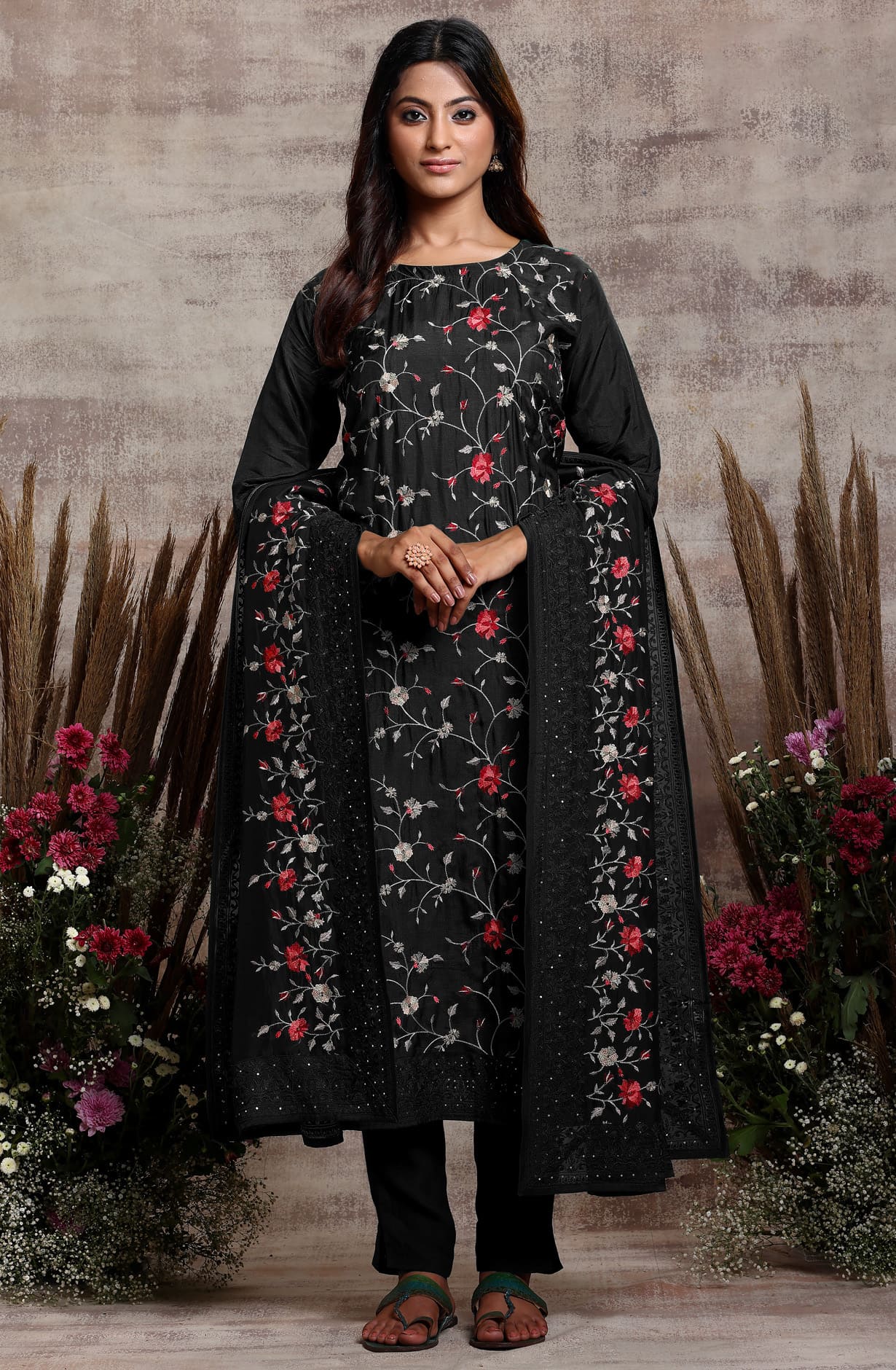 Designer Black Modal Silk Unstitched Embroidered Suit with Organza Dupatta - R157-SPR1260C