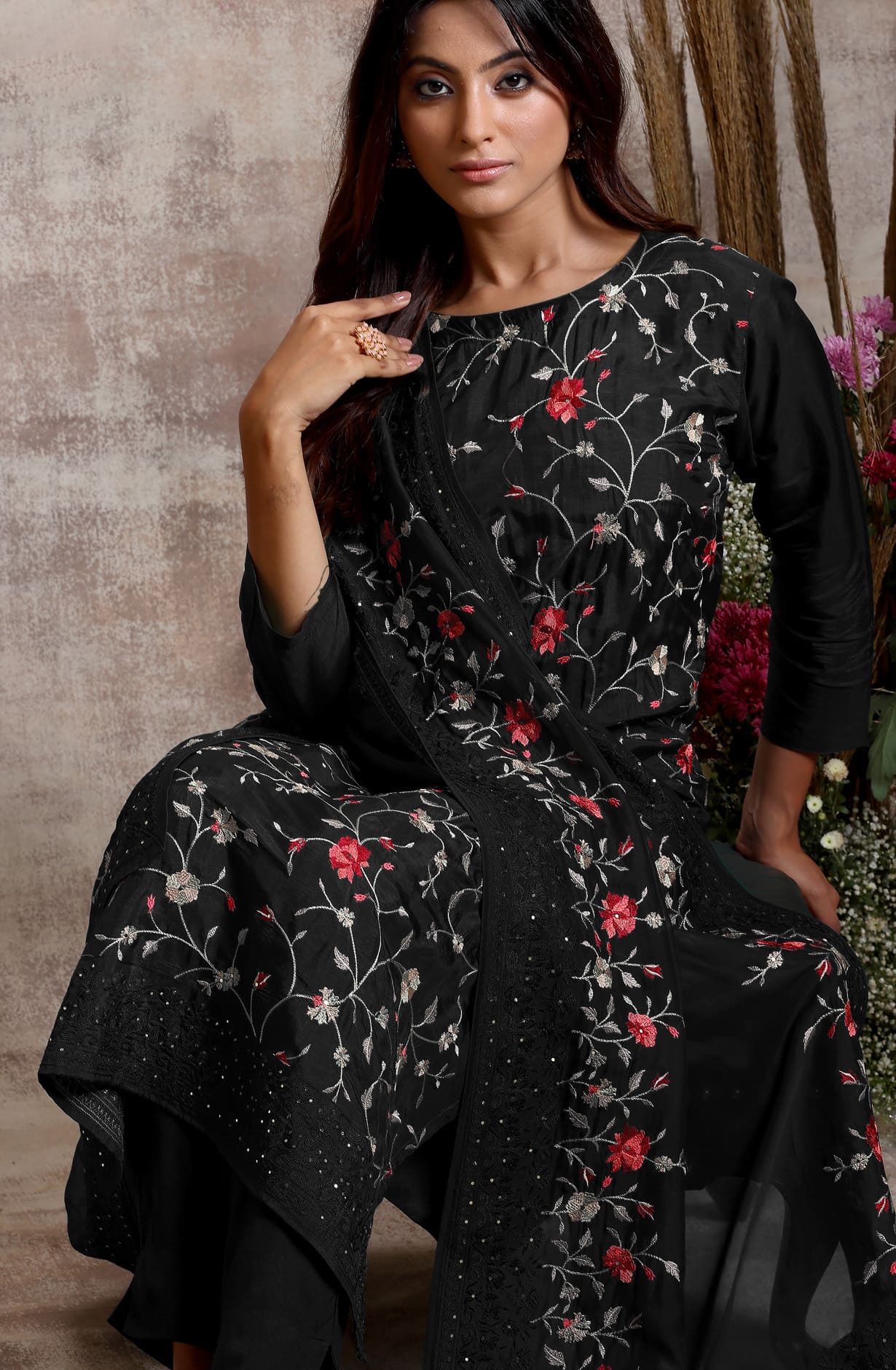 Designer Black Modal Silk Unstitched Embroidered Suit with Organza Dupatta - R157-SPR1260C