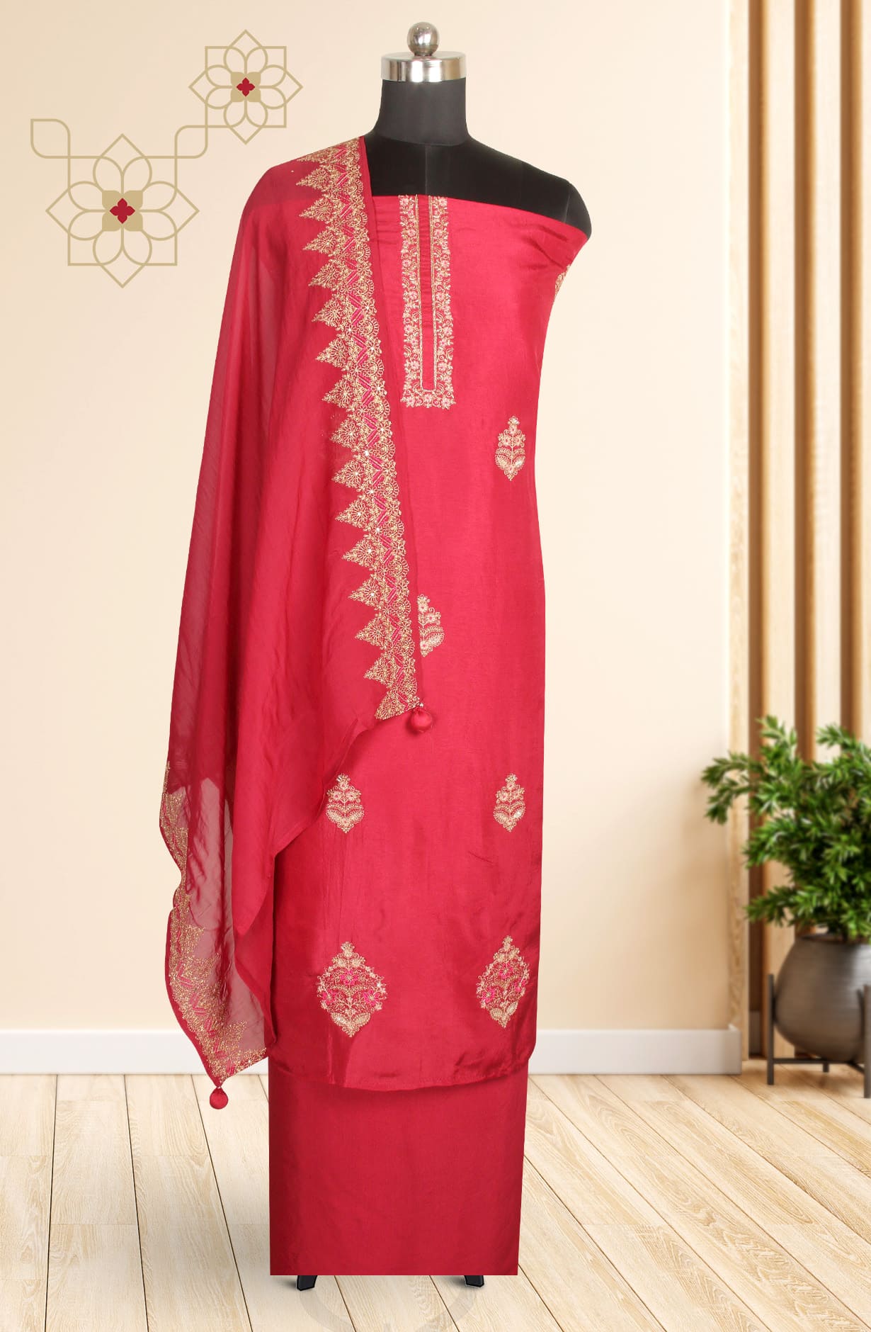 Maroon Russian Silk Exclusive Unstitched Suit-set with Organza Dupatta - R157-SPR1282A