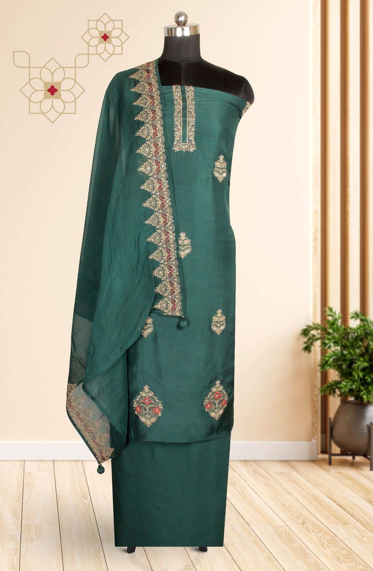 Bottle Green Russian Silk Exclusive Unstitched Suit-set with Organza Dupatta - R157-SPR1282B