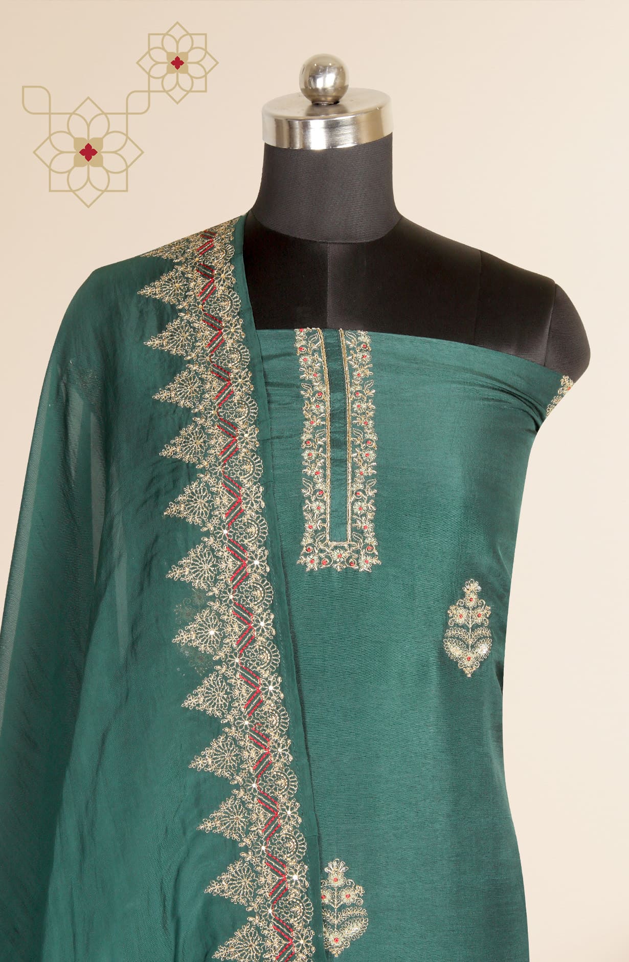 Bottle Green Russian Silk Exclusive Unstitched Suit-set with Organza Dupatta - R157-SPR1282B