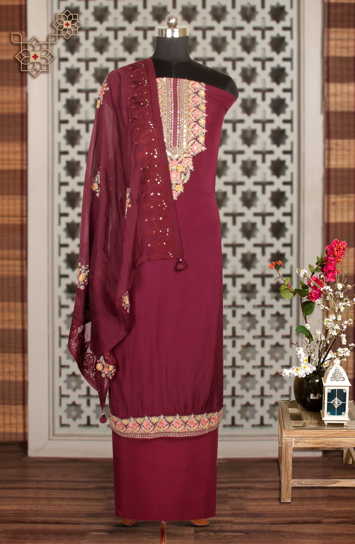 Wine Organza Exclusive Unstitched Suit-set with Organza Dupatta - R157-SPR1292A