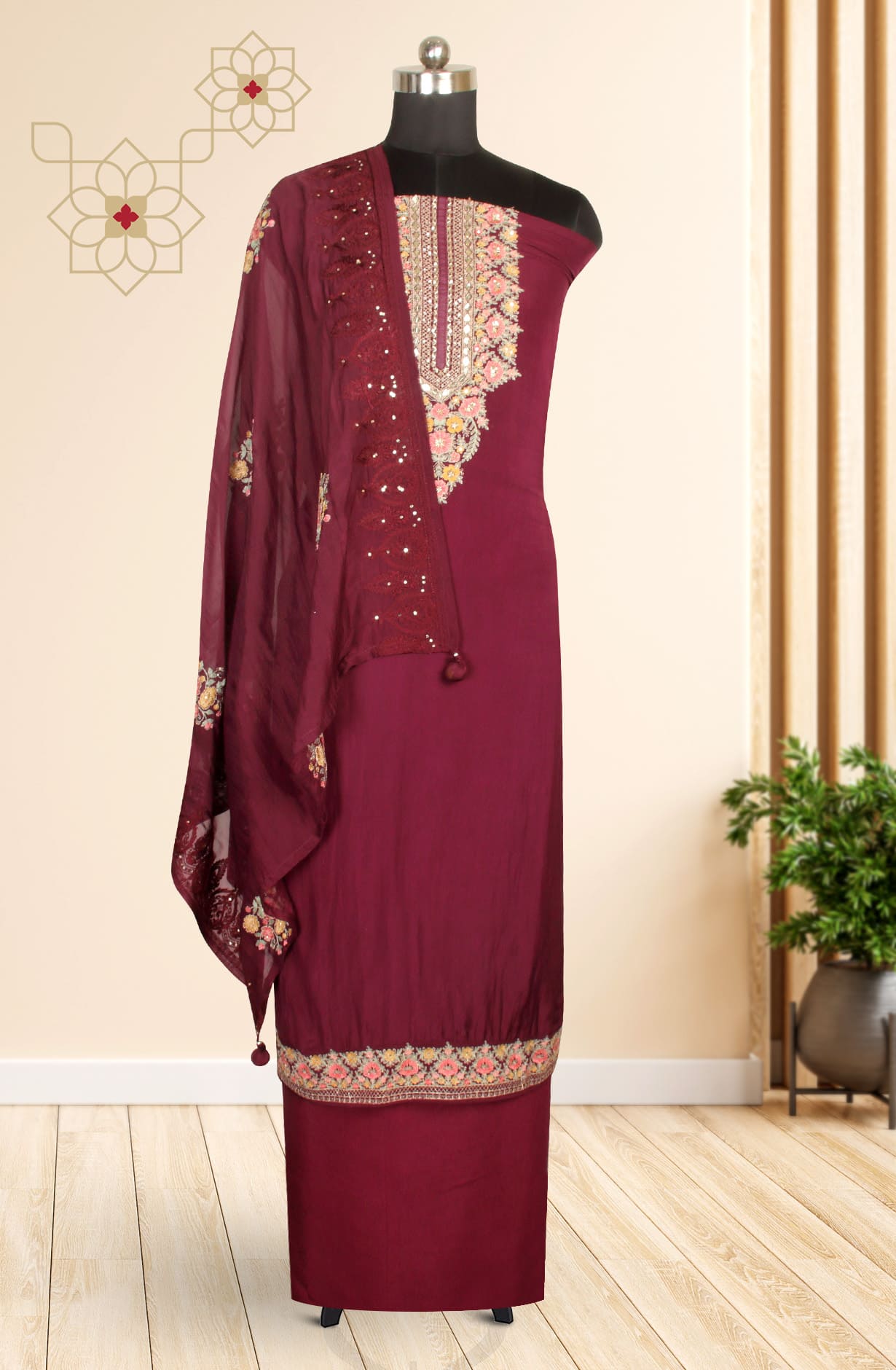 Wine Organza Exclusive Unstitched Suit-set with Organza Dupatta - R157-SPR1292A