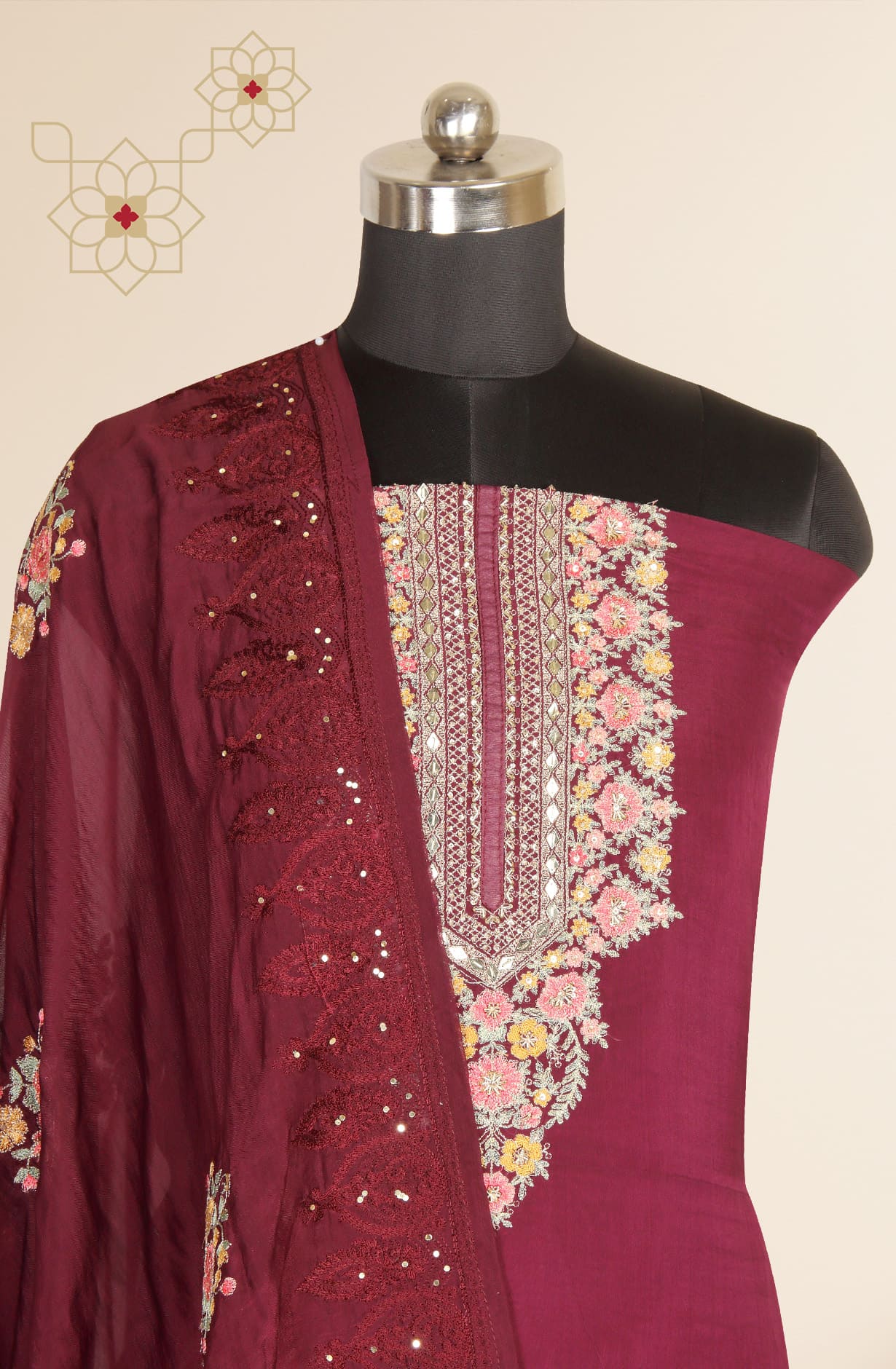 Wine Organza Exclusive Unstitched Suit-set with Organza Dupatta - R157-SPR1292A