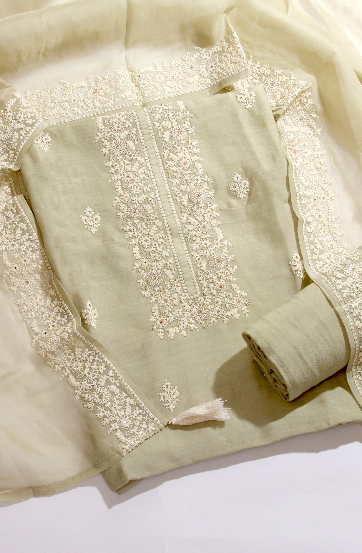 Parrot Green Muslin Beautiful Embroidered Suit with Organza Dupatta - R157-SPR1390A