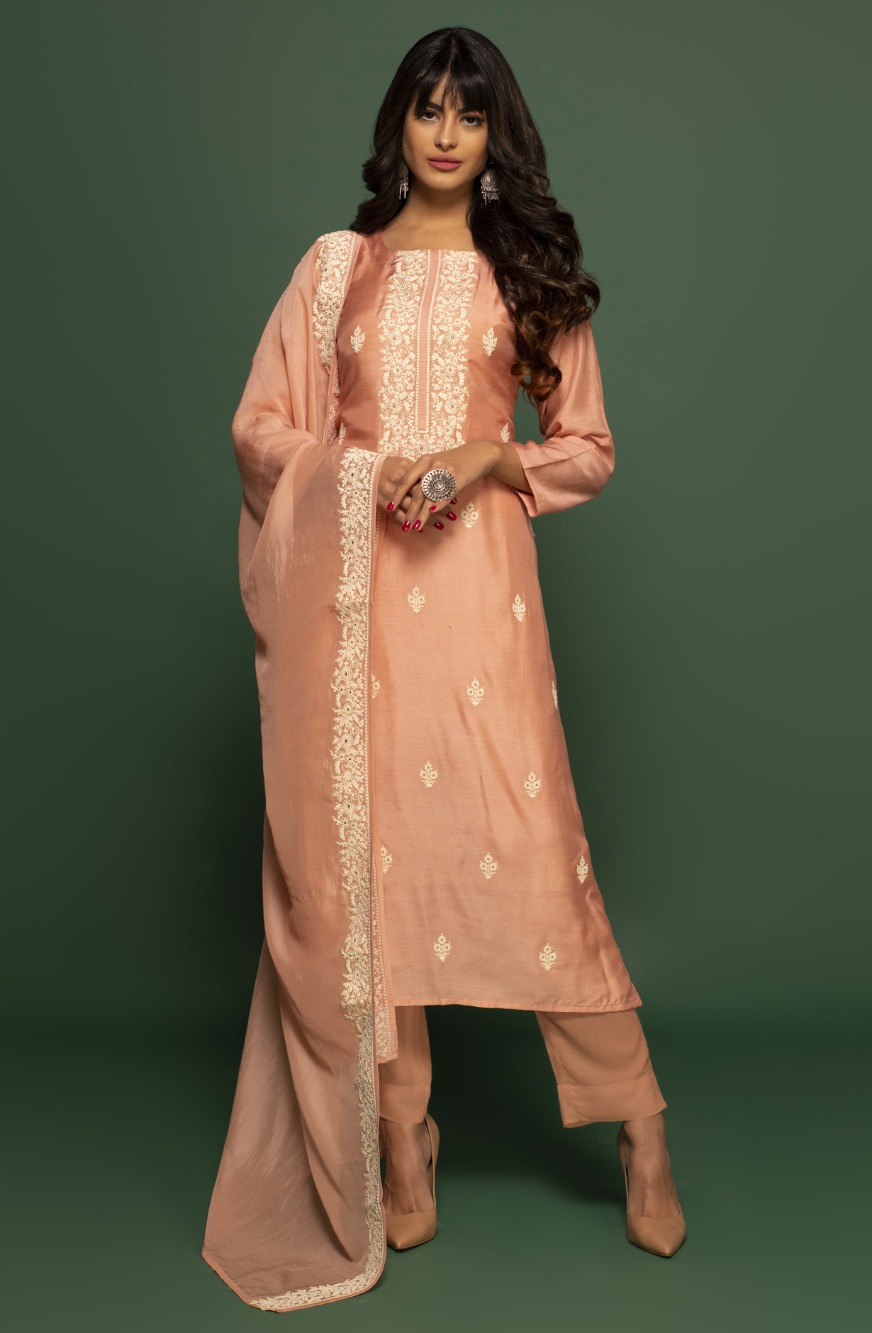 Peach Muslin Beautiful Embroidered Suit with Organza Dupatta - R157-SPR1390B