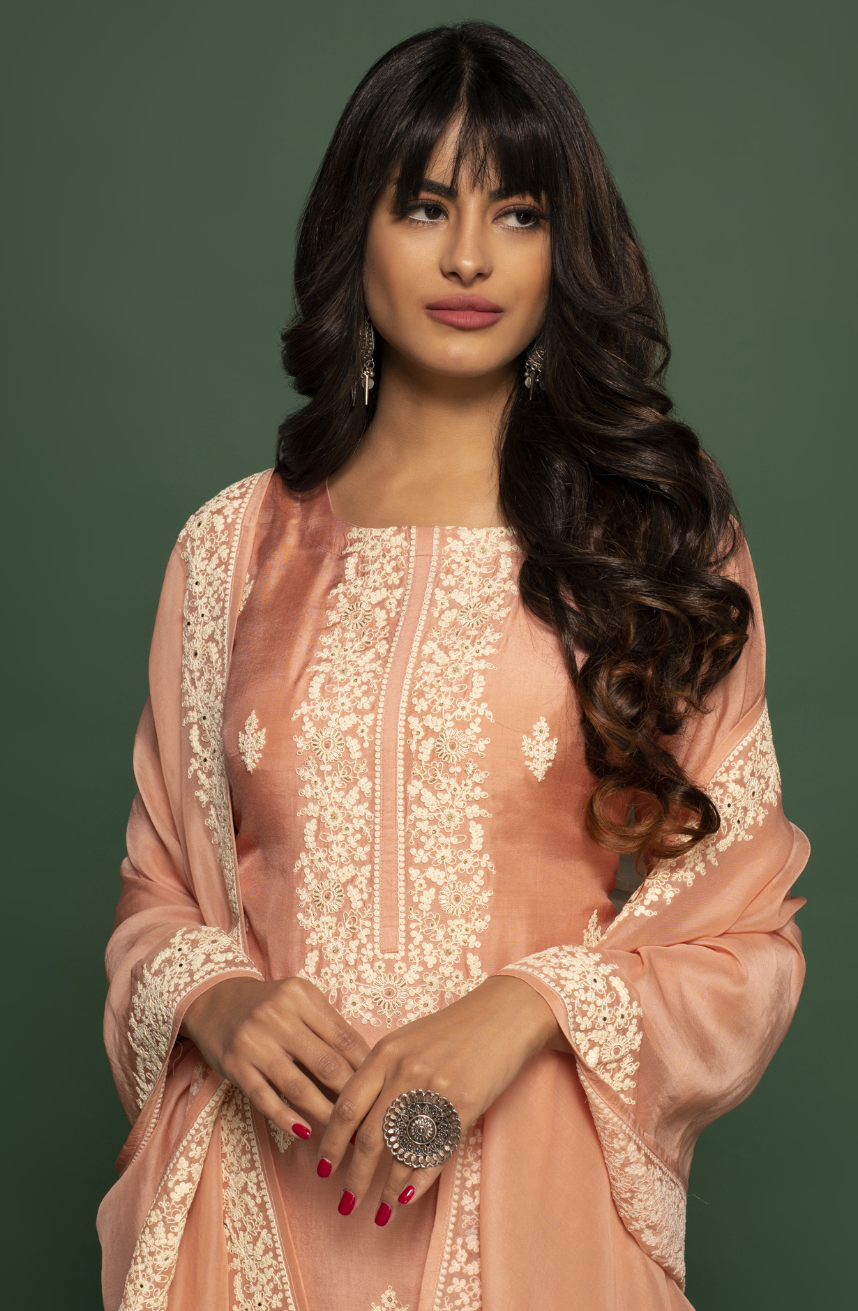 Peach Muslin Beautiful Embroidered Suit with Organza Dupatta - R157-SPR1390B
