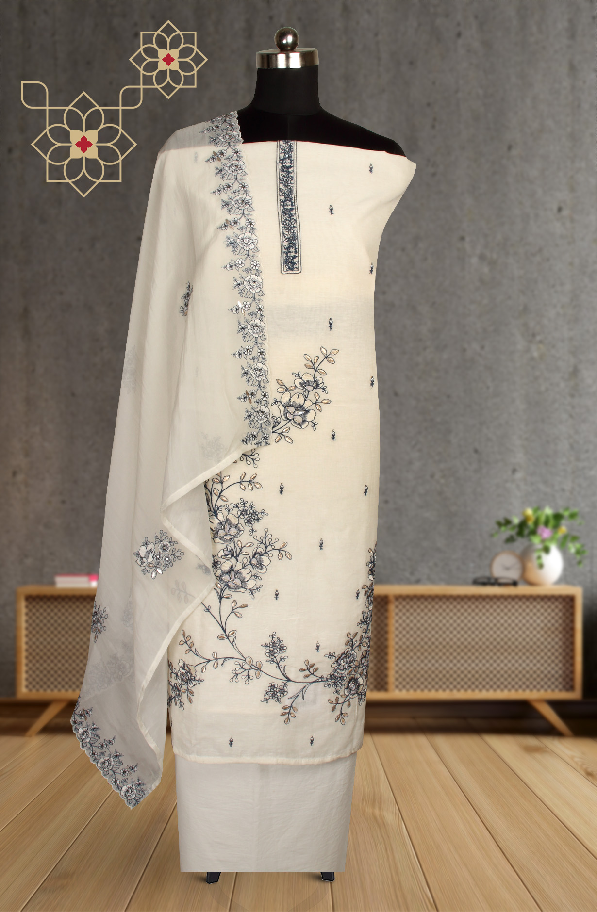 Exclusive Cream and Blue Linen Salwar Kameez with Beautiful Organza Dupatta - R157-SPR1391