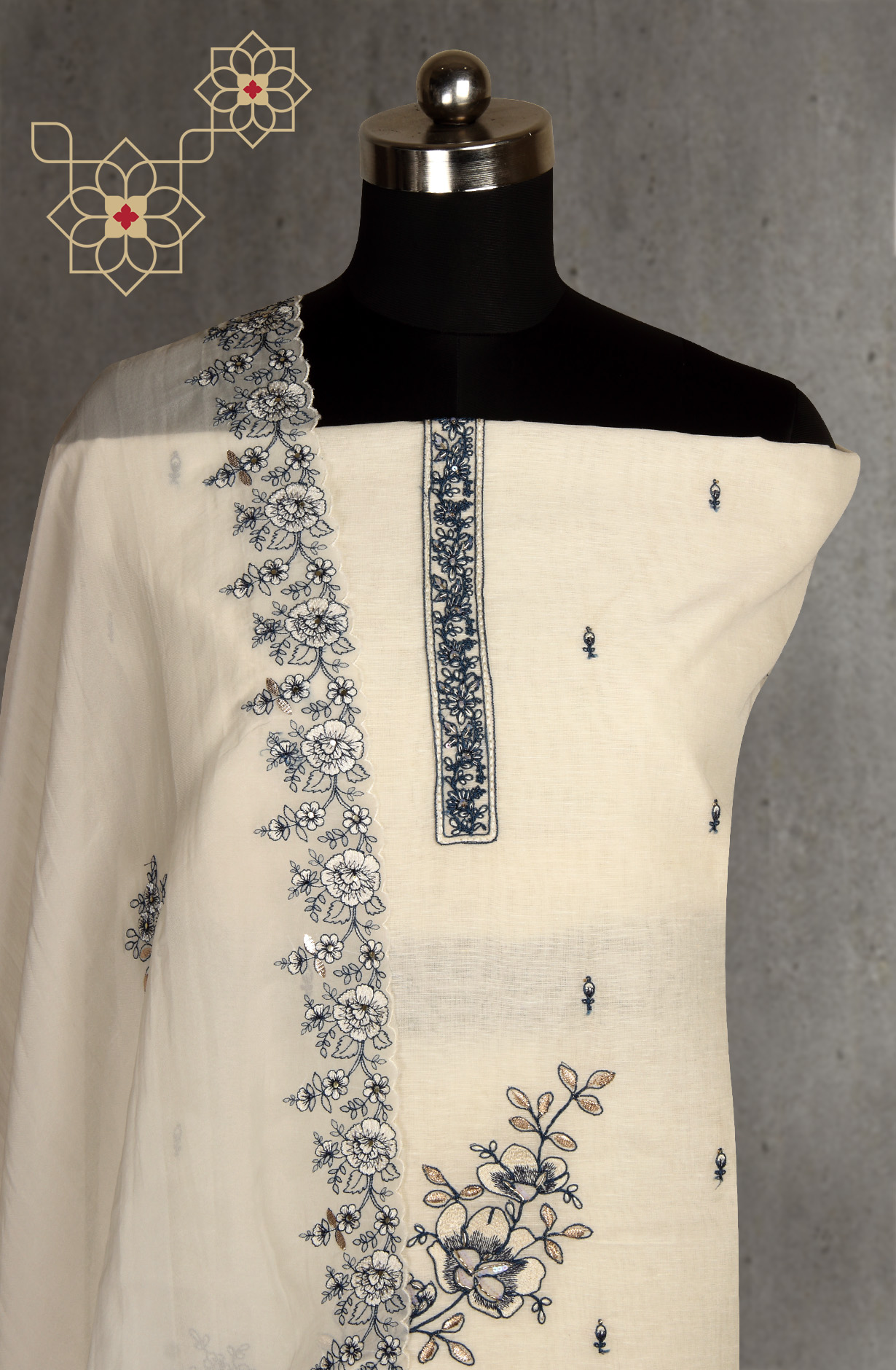 Exclusive Cream and Blue Linen Salwar Kameez with Beautiful Organza Dupatta - R157-SPR1391