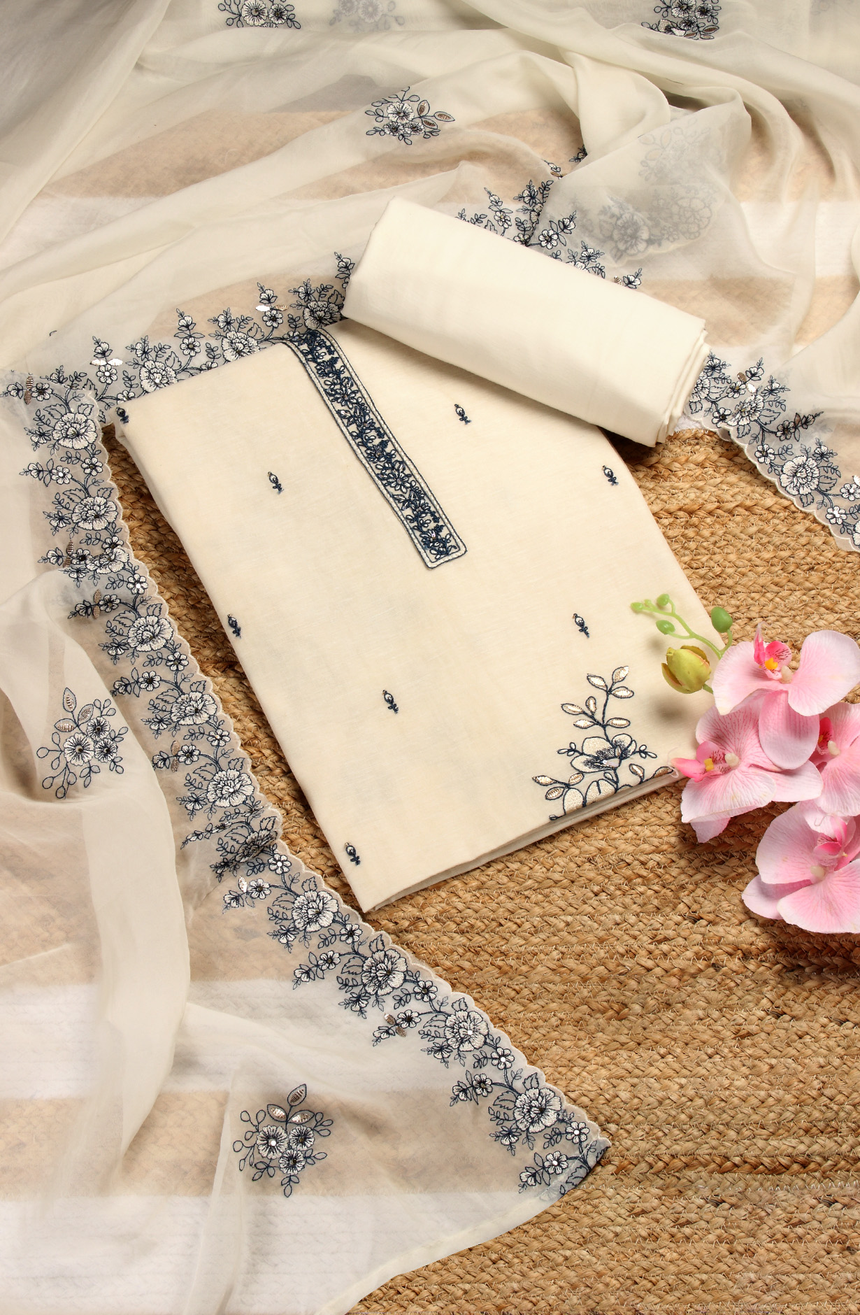 Exclusive Cream and Blue Linen Salwar Kameez with Beautiful Organza Dupatta - R157-SPR1391