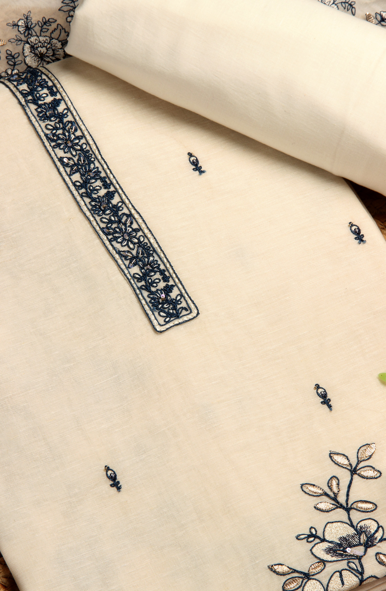 Exclusive Cream and Blue Linen Salwar Kameez with Beautiful Organza Dupatta - R157-SPR1391