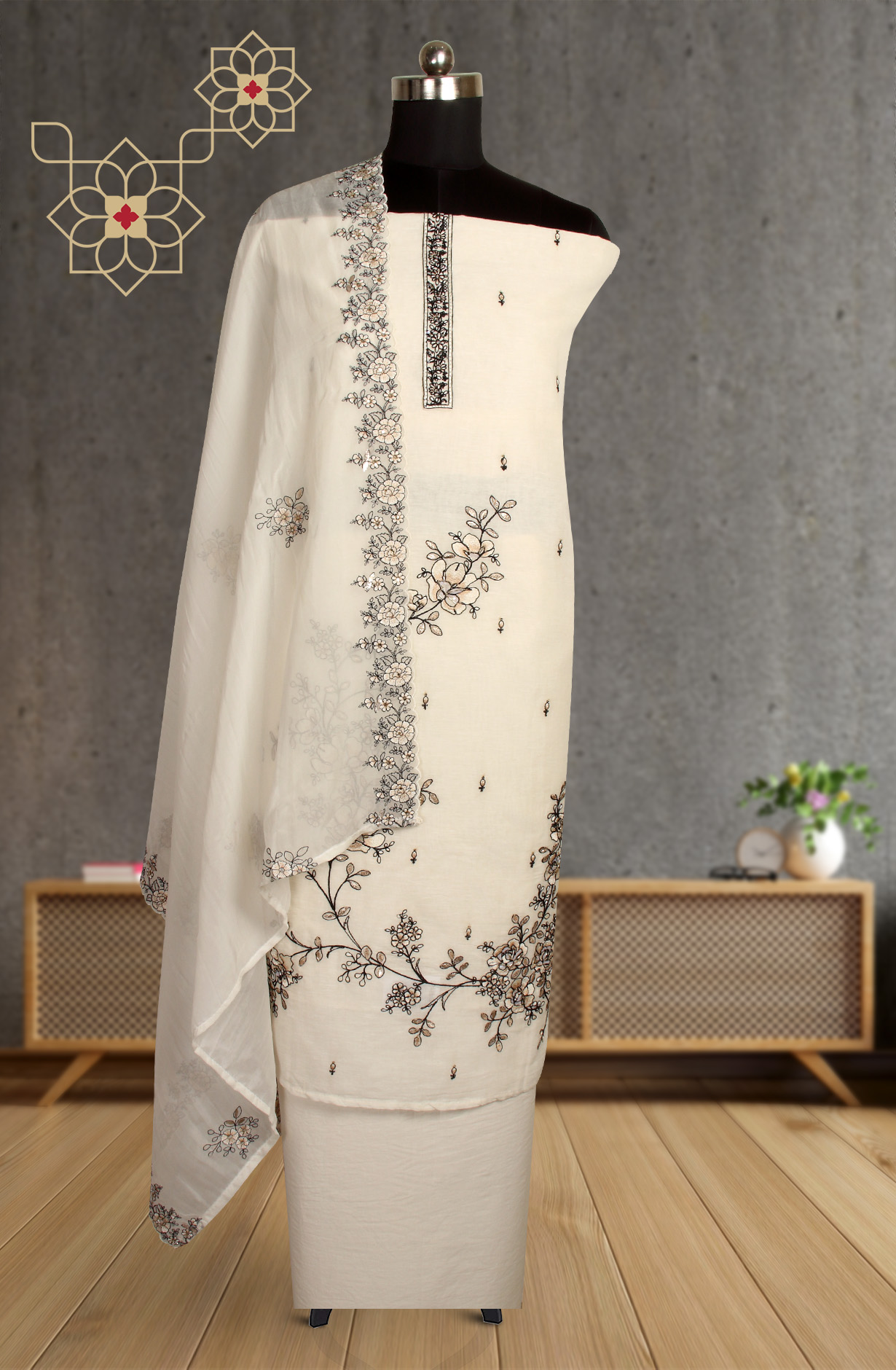 Exclusive Cream and Black Linen Salwar Kameez with Beautiful Organza Dupatta - R157-SPR1391A