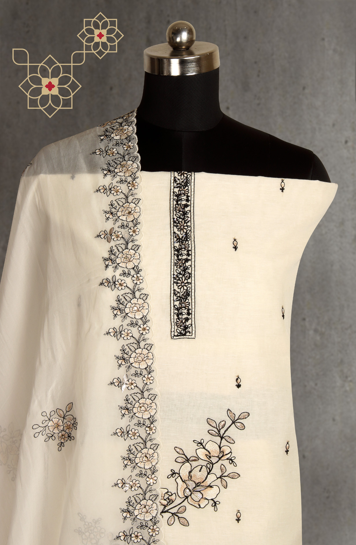 Exclusive Cream and Black Linen Salwar Kameez with Beautiful Organza Dupatta - R157-SPR1391A