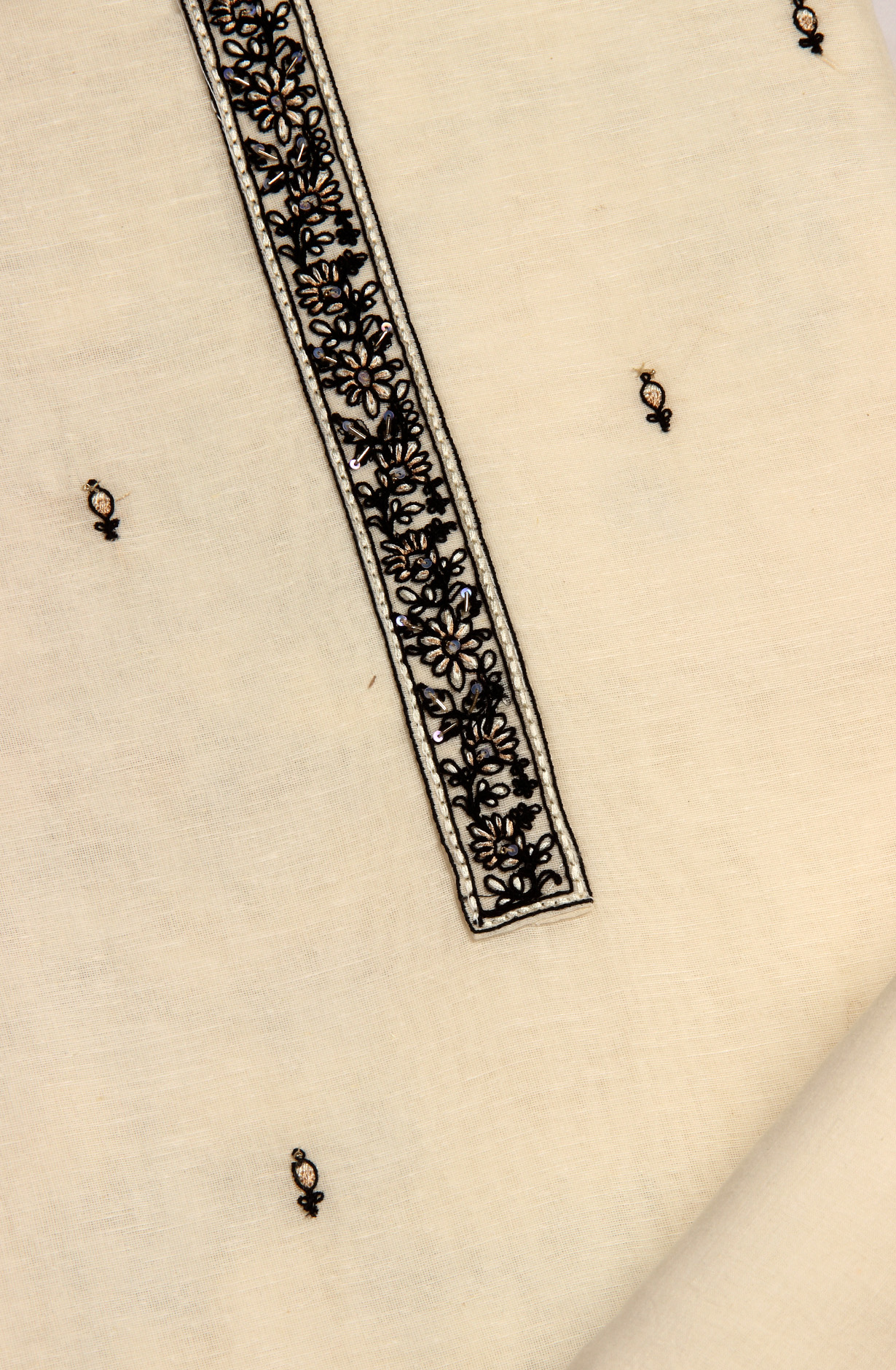 Exclusive Cream and Black Linen Salwar Kameez with Beautiful Organza Dupatta - R157-SPR1391A