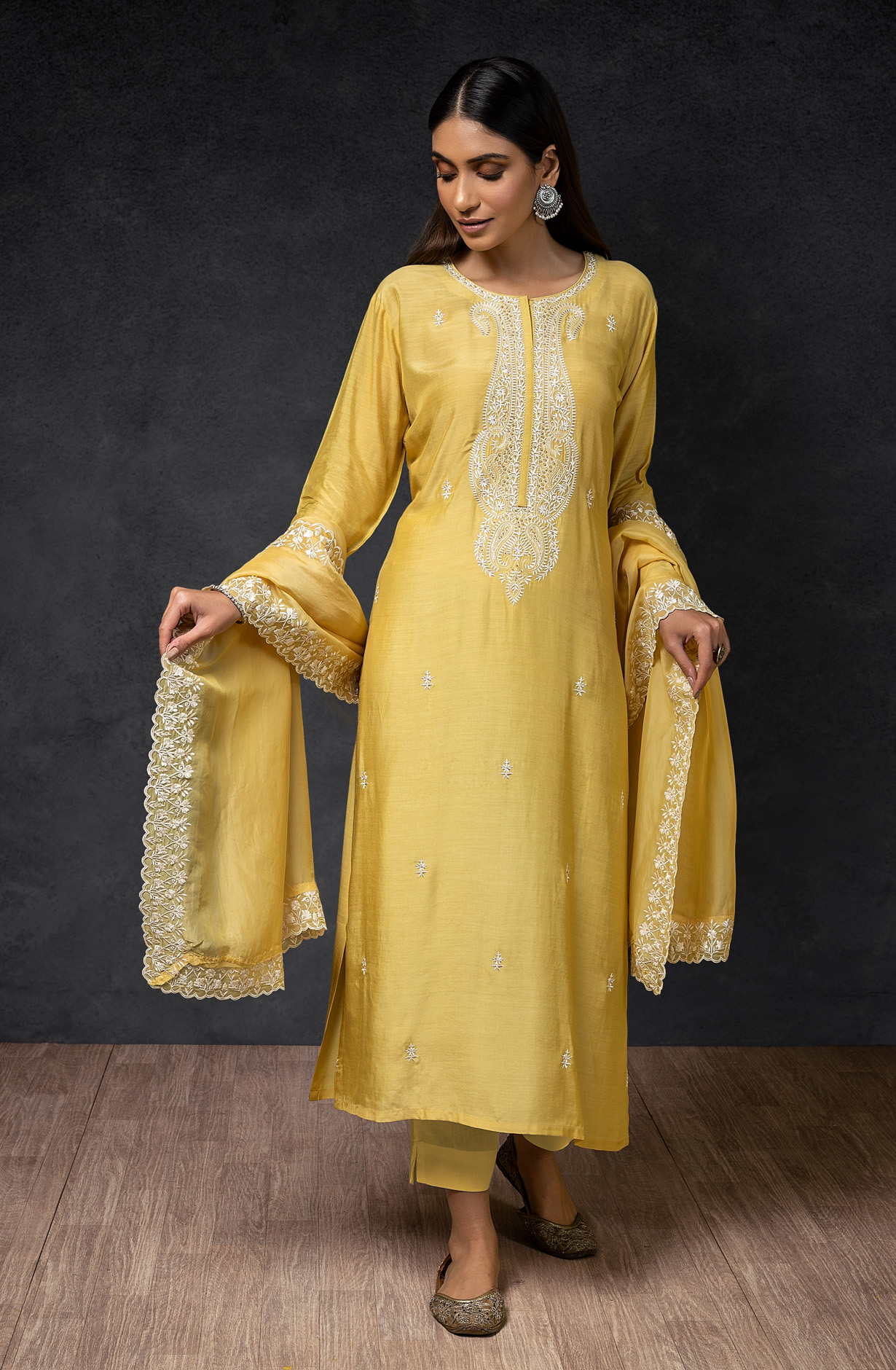 Yellow Muslin Exclusive Embroidered Suit with Organza Dupatta - R157-SPR1394B
