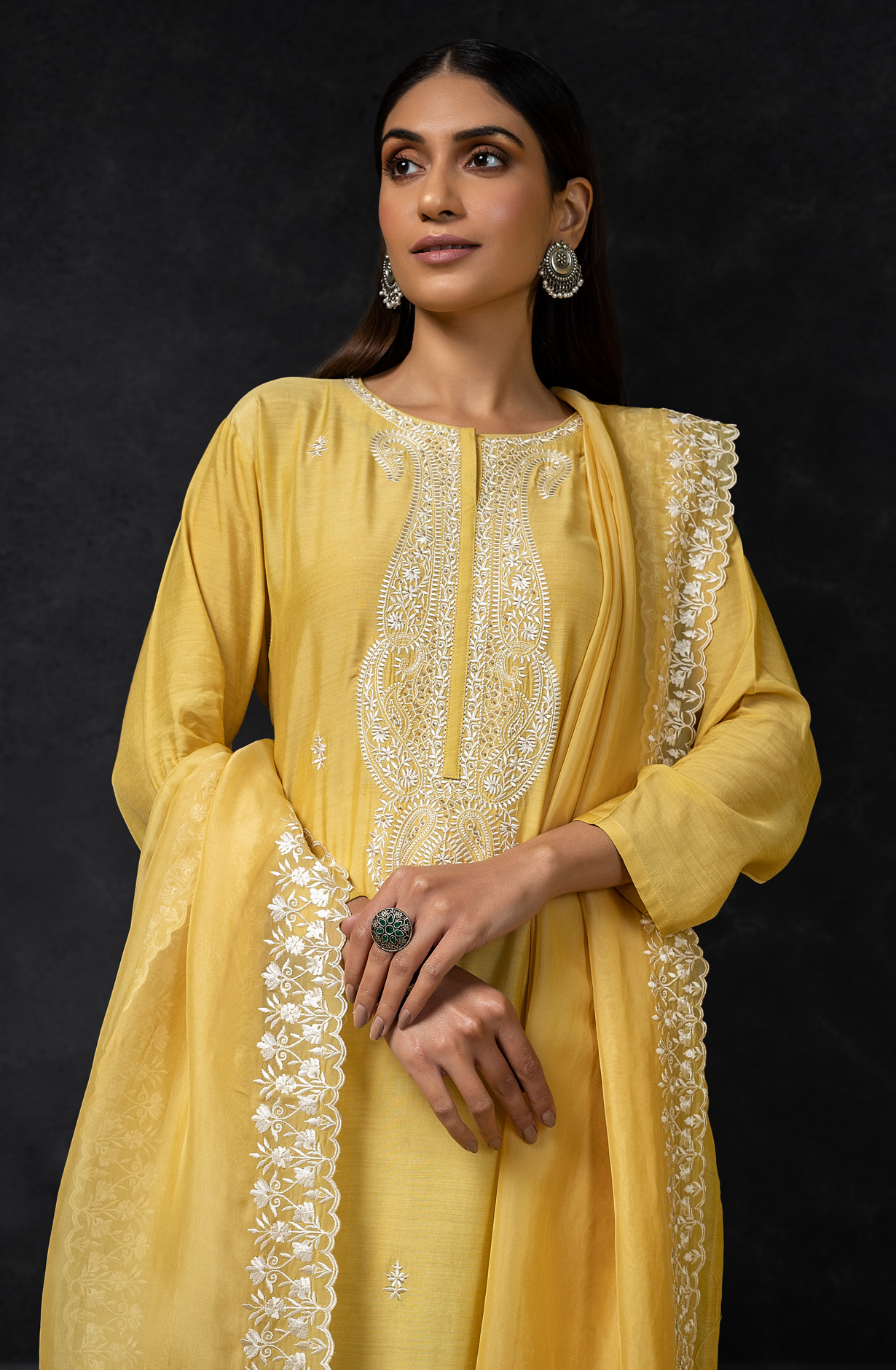 Yellow Muslin Exclusive Embroidered Suit with Organza Dupatta - R157-SPR1394B