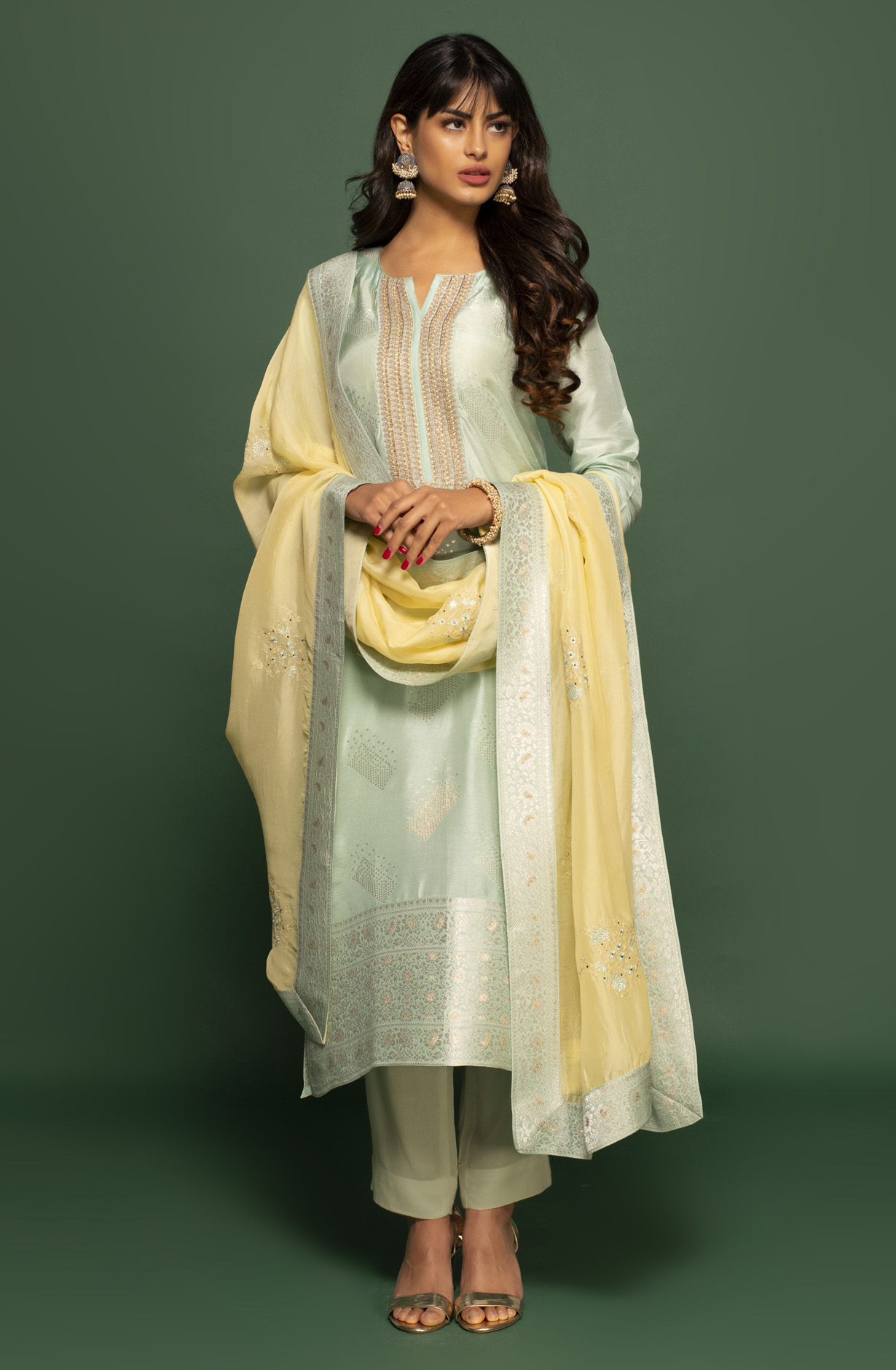 Silk Designer Sea Green Zari Jacquard Work Salwar Kameez with Organza Dupatta - R157-SPR1399