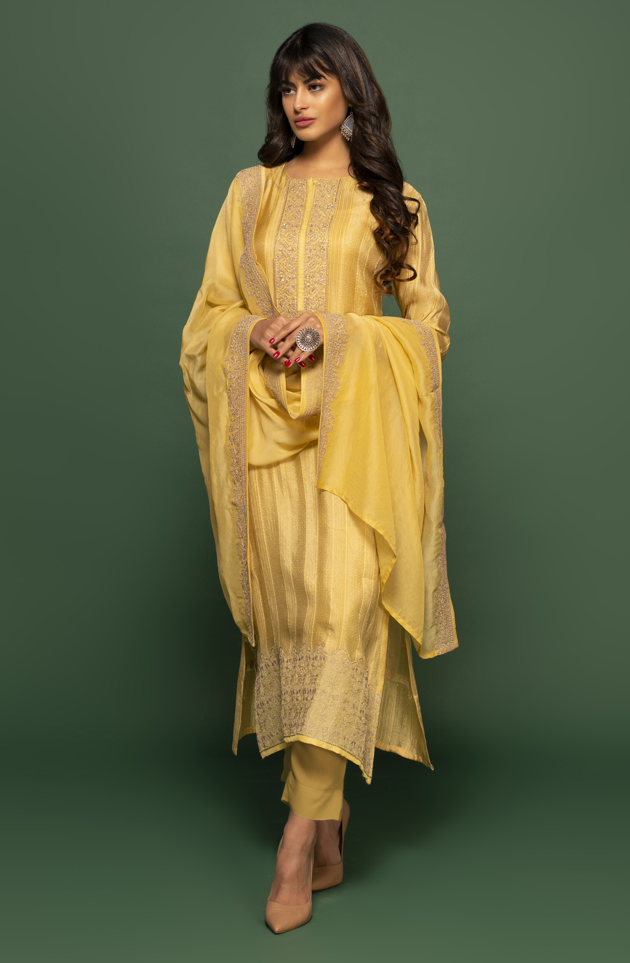 Organza Designer Mehndi Green Embellished Work Salwar Kameez with Dupatta - R157-SPR1401AA