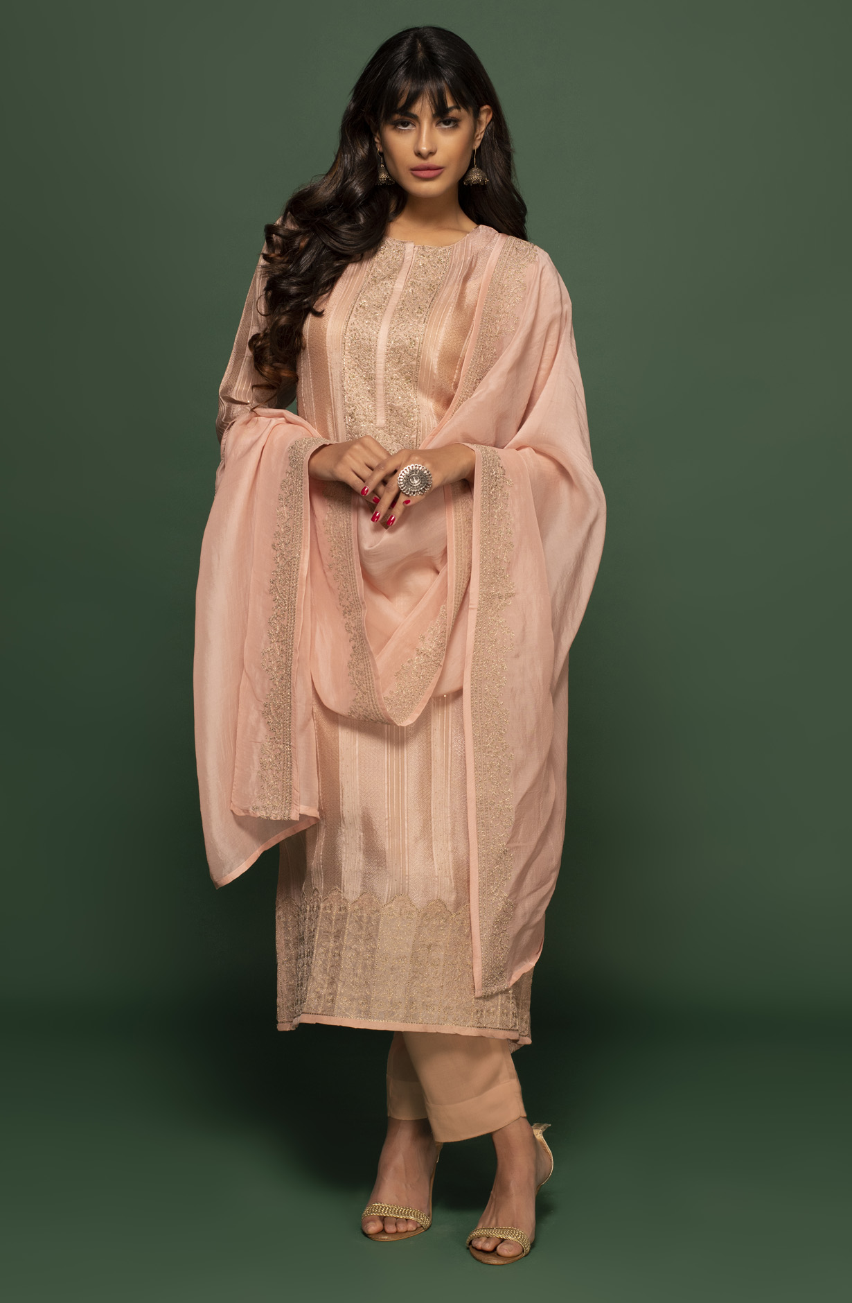 Organza Designer Peach Embellished Work Salwar Kameez with Dupatta - R157-SPR1401BB