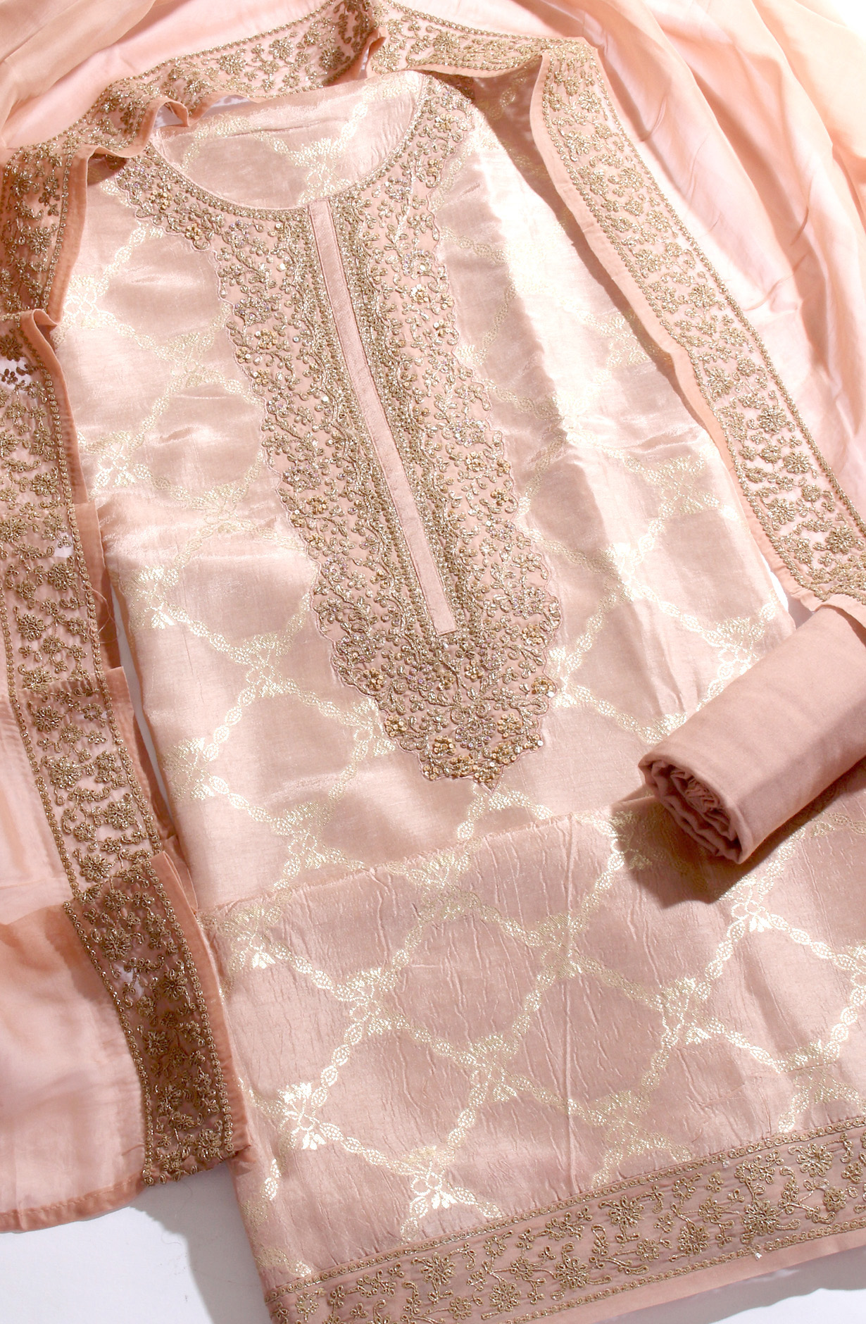 Silk Designer Peach Zari Brocade Work Suit-set with Organza Dupatta - R157-SPR1404