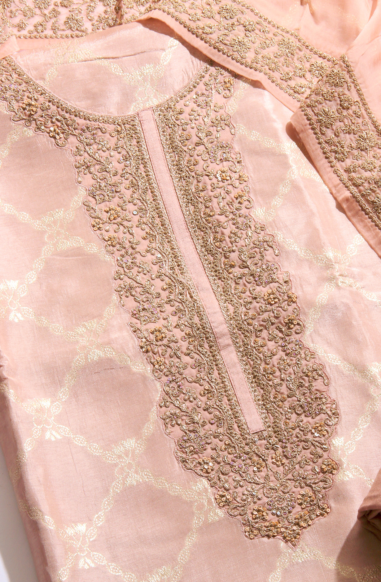 Silk Designer Peach Zari Brocade Work Suit-set with Organza Dupatta - R157-SPR1404