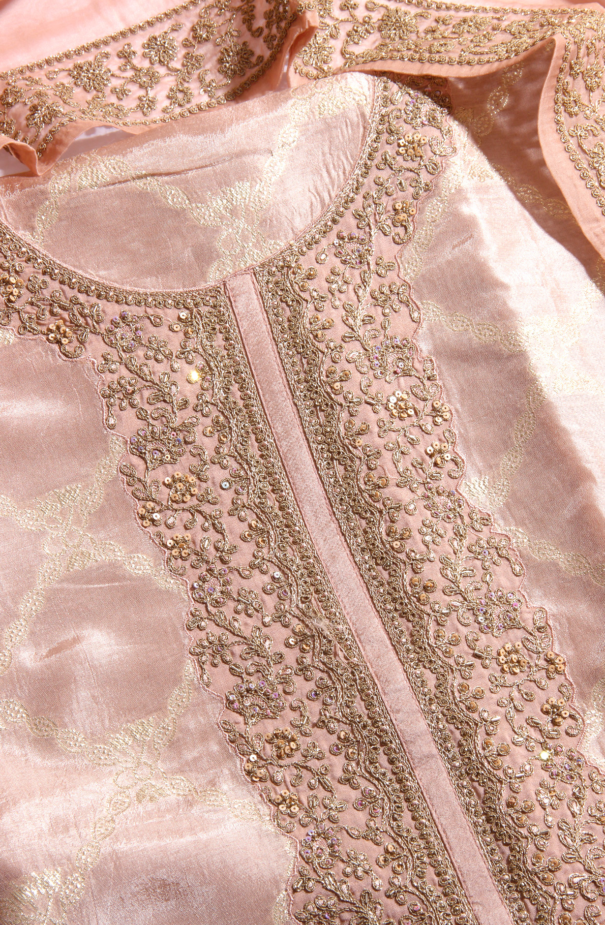 Silk Designer Peach Zari Brocade Work Suit-set with Organza Dupatta - R157-SPR1404