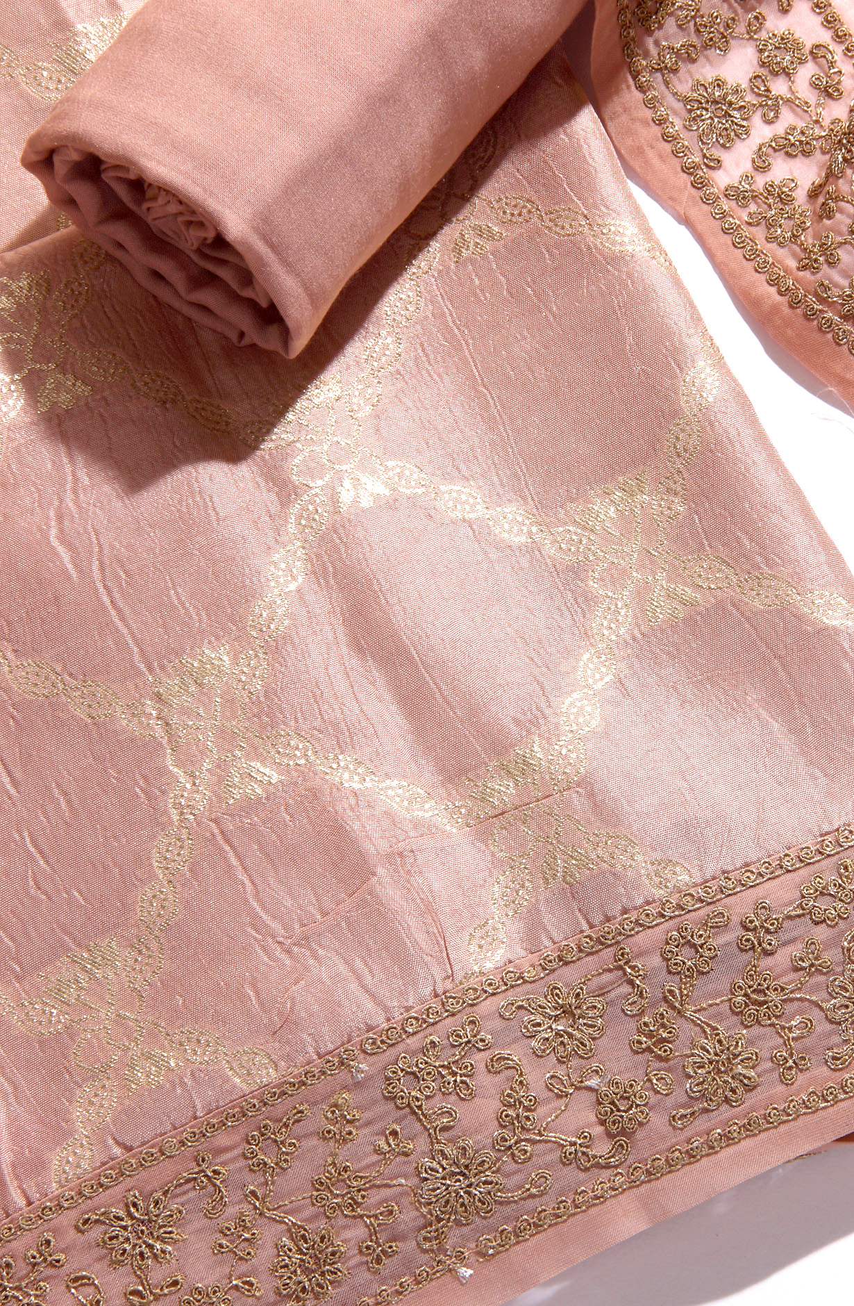 Silk Designer Peach Zari Brocade Work Suit-set with Organza Dupatta - R157-SPR1404