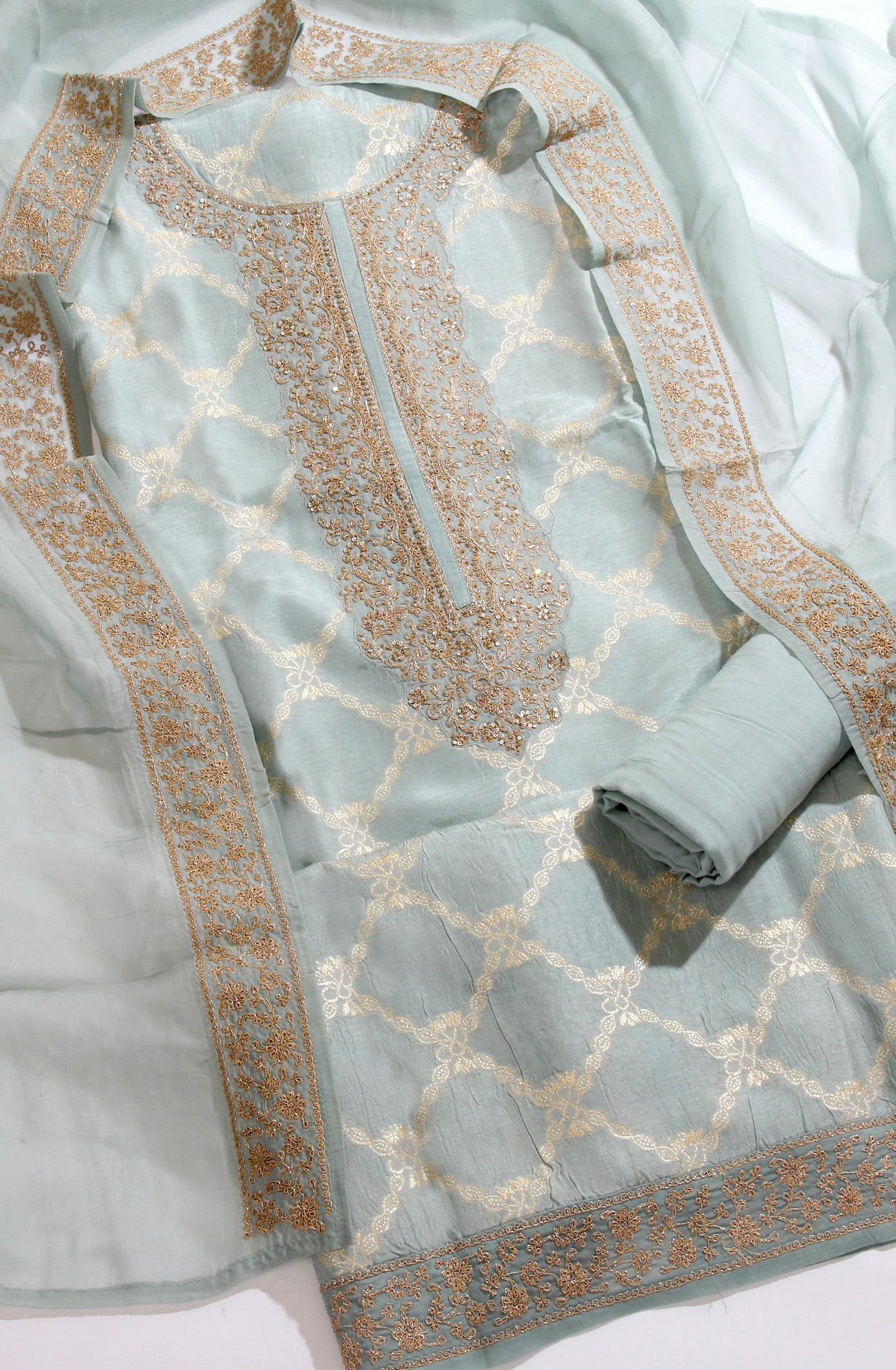 Silk Designer Pastel Green Zari Brocade Work Suit-set with Organza Dupatta - R157-SPR1404A