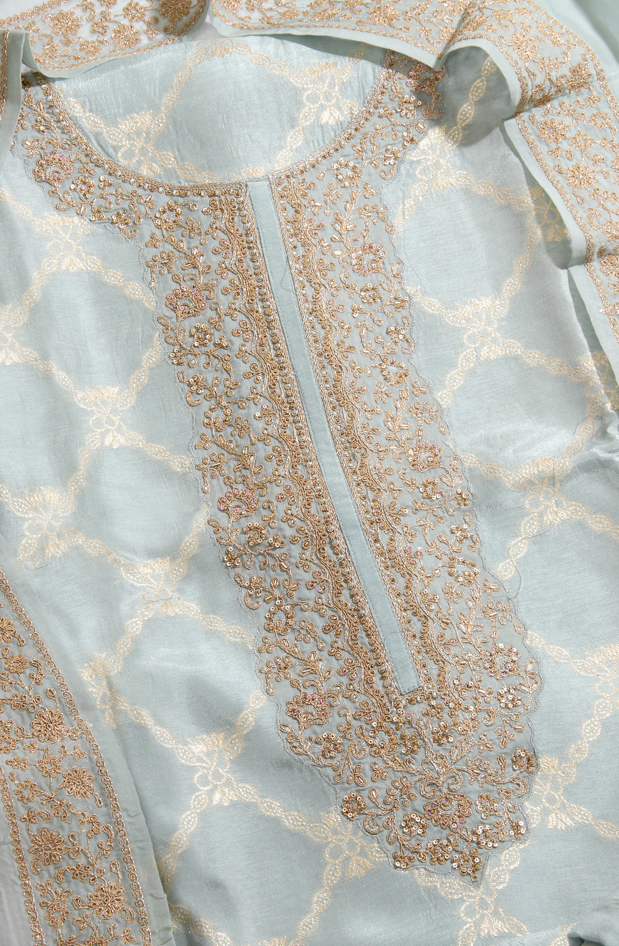 Silk Designer Pastel Green Zari Brocade Work Suit-set with Organza Dupatta - R157-SPR1404A