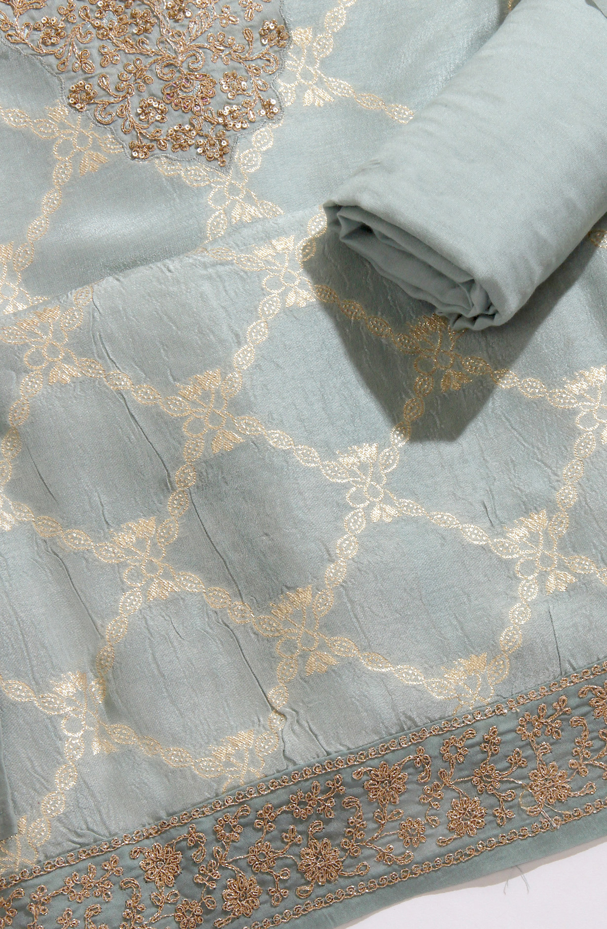 Silk Designer Pastel Green Zari Brocade Work Suit-set with Organza Dupatta - R157-SPR1404A